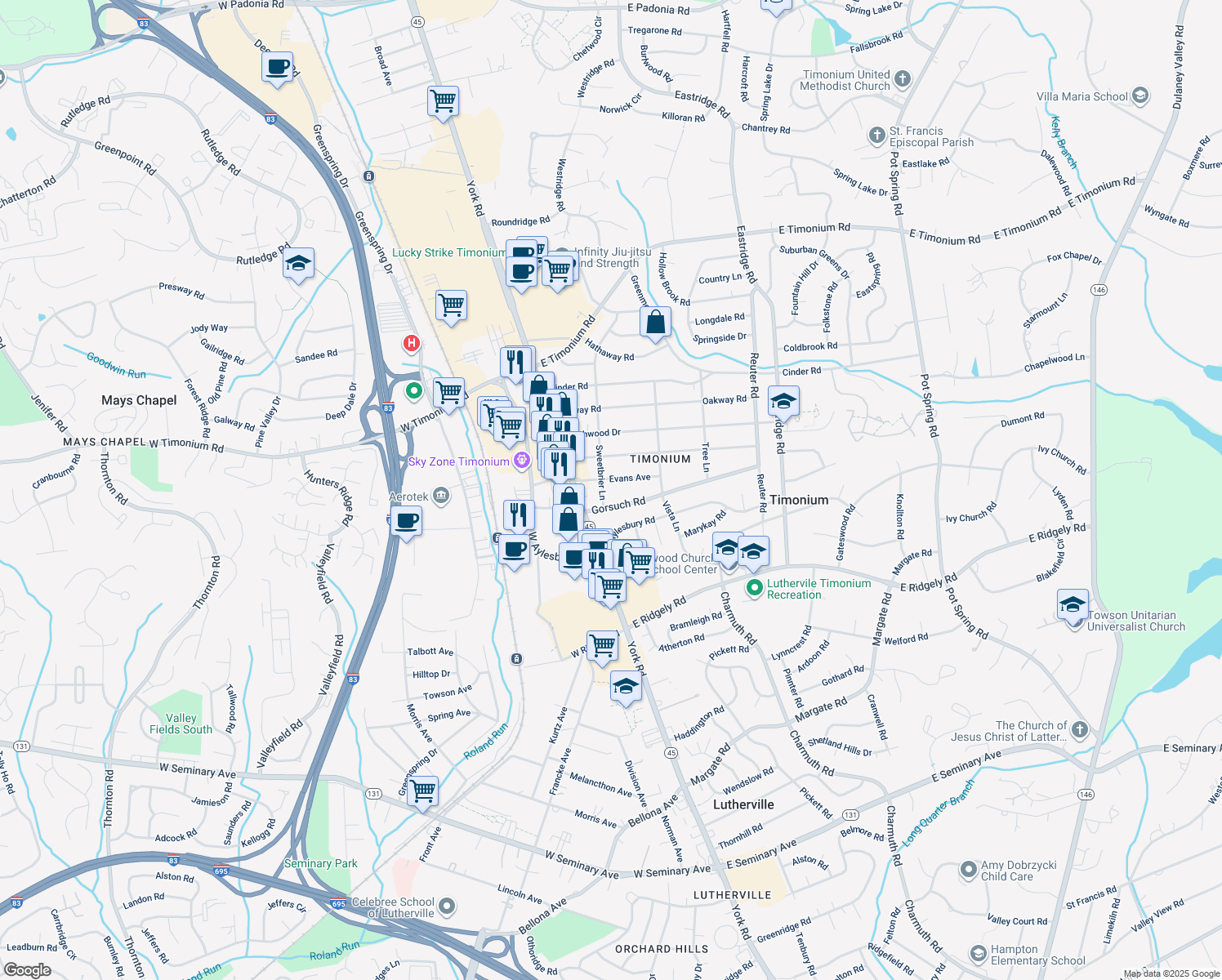 map of restaurants, bars, coffee shops, grocery stores, and more near 15 Evans Avenue in Lutherville-Timonium