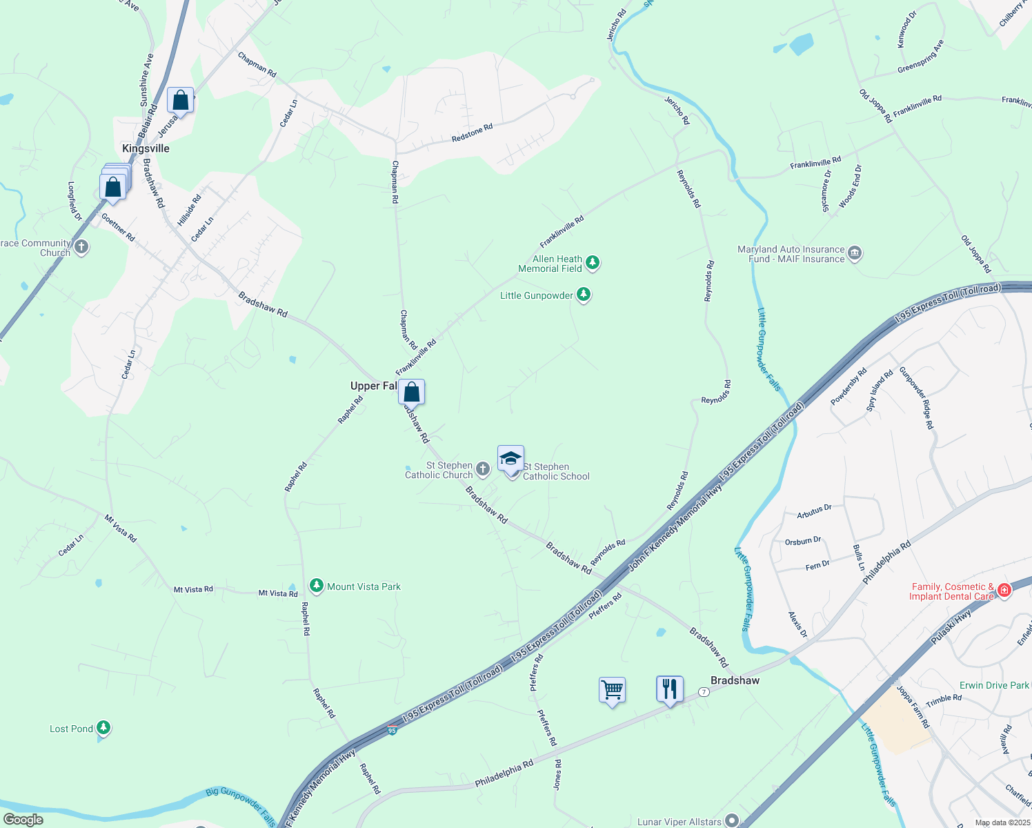 map of restaurants, bars, coffee shops, grocery stores, and more near 11501 Sherwood Road in Upper Falls