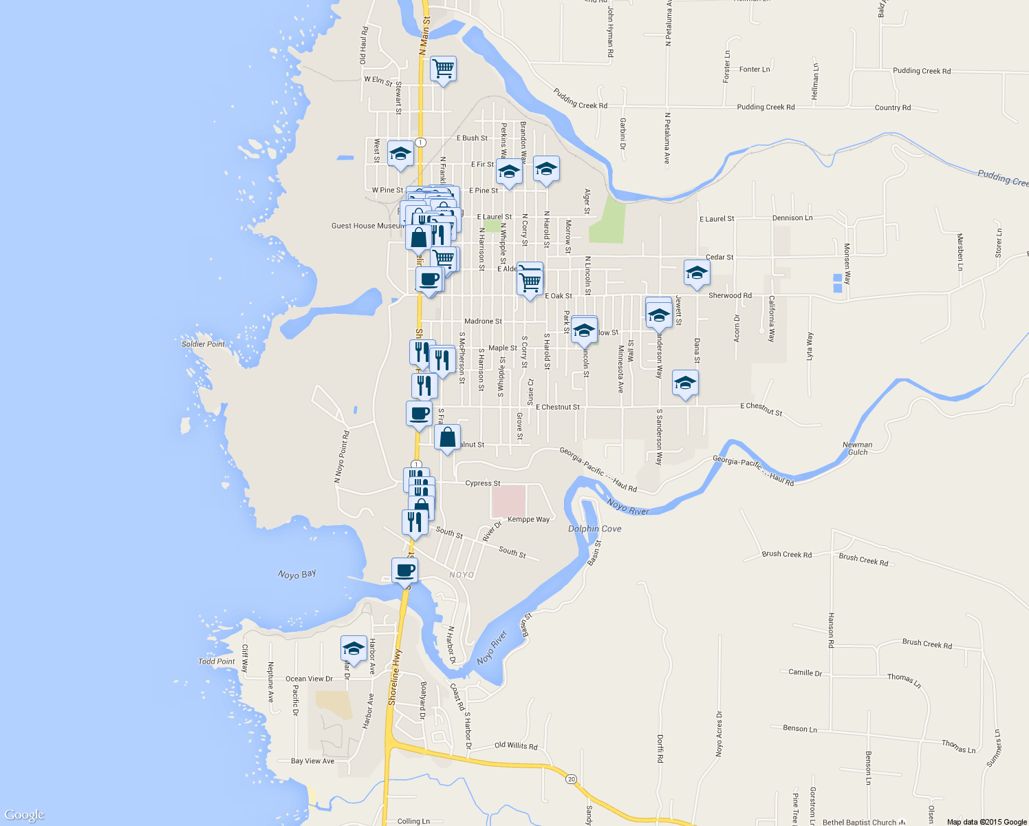 map of restaurants, bars, coffee shops, grocery stores, and more near 121 Grove Street in Fort Bragg