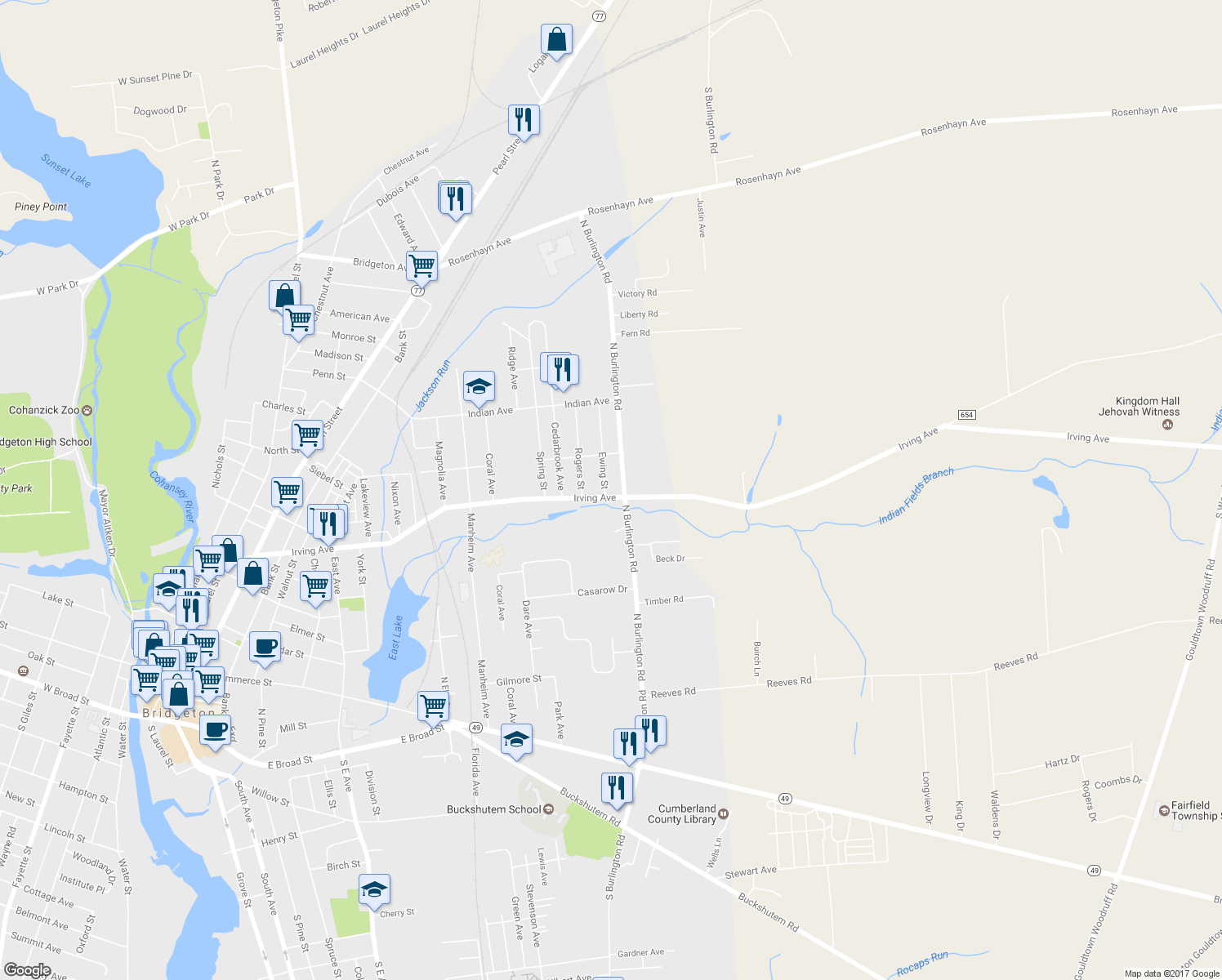 map of restaurants, bars, coffee shops, grocery stores, and more near 533 Irving Avenue in Bridgeton