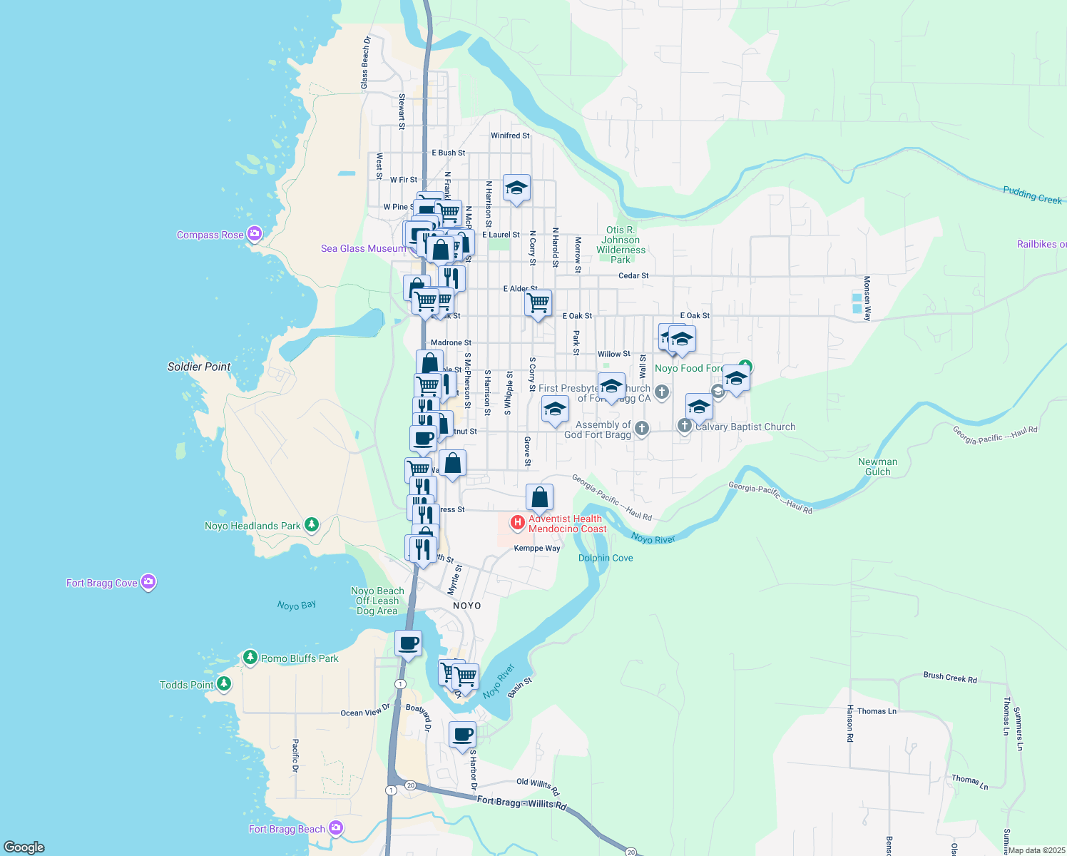 map of restaurants, bars, coffee shops, grocery stores, and more near 535 E Chestnut St in Fort Bragg