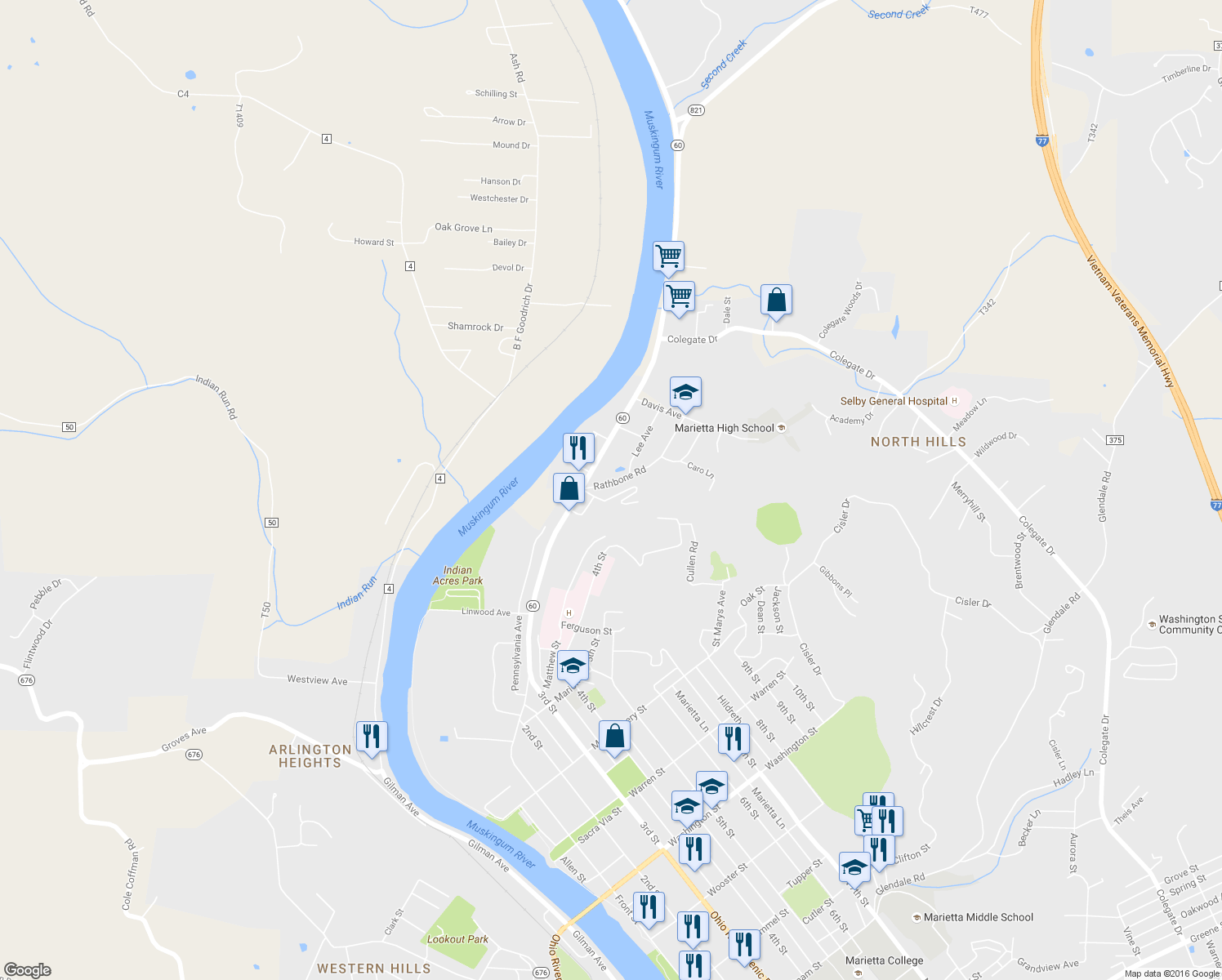 map of restaurants, bars, coffee shops, grocery stores, and more near 107 Sunset Drive in Marietta