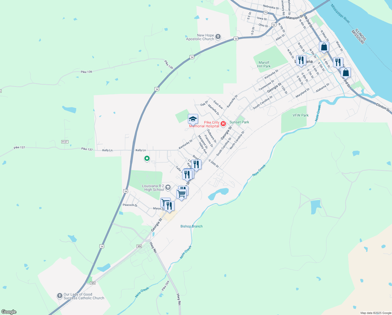 map of restaurants, bars, coffee shops, grocery stores, and more near 206 Boyd Drive in Louisiana