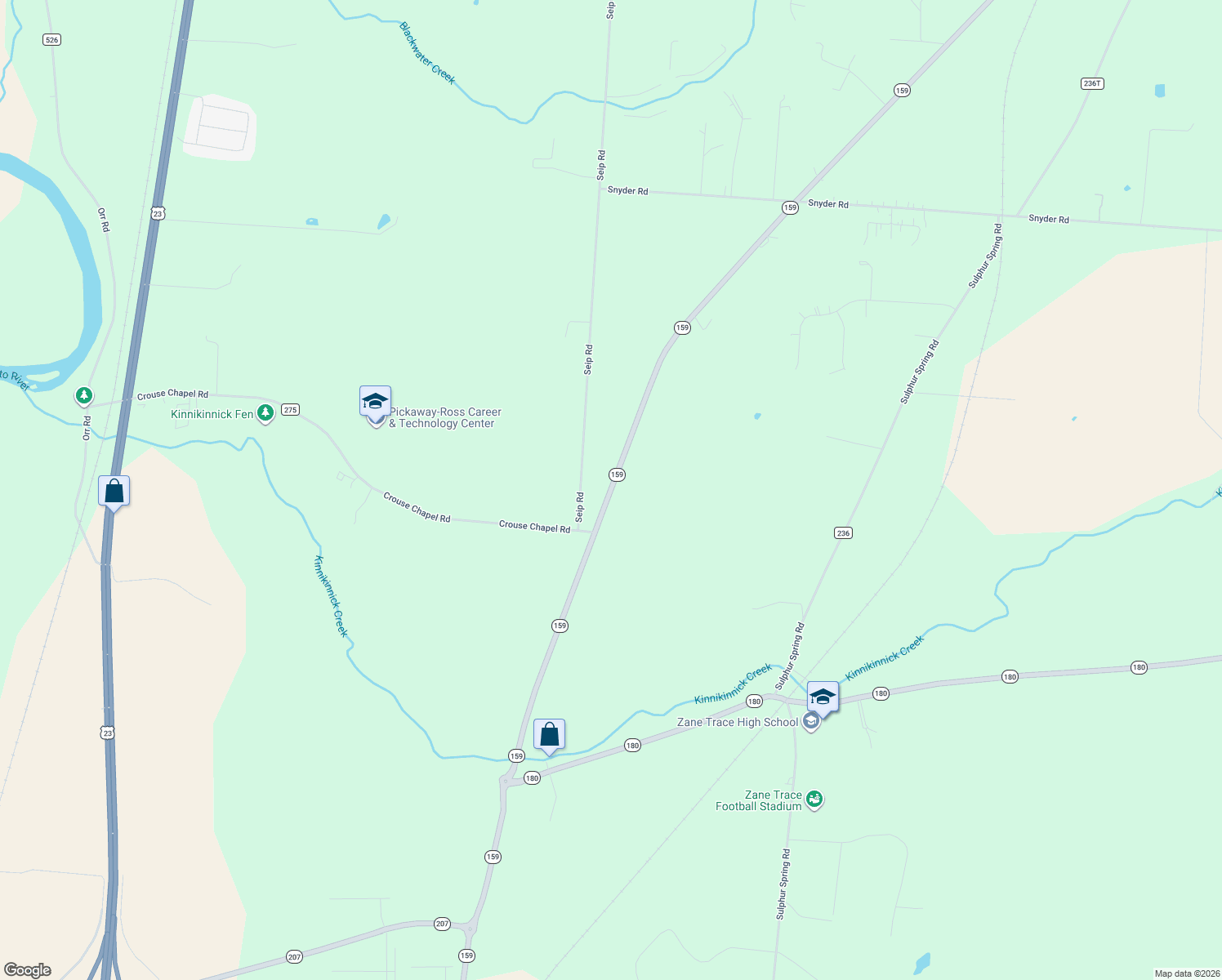 map of restaurants, bars, coffee shops, grocery stores, and more near 7382 Ohio 159 in Chillicothe
