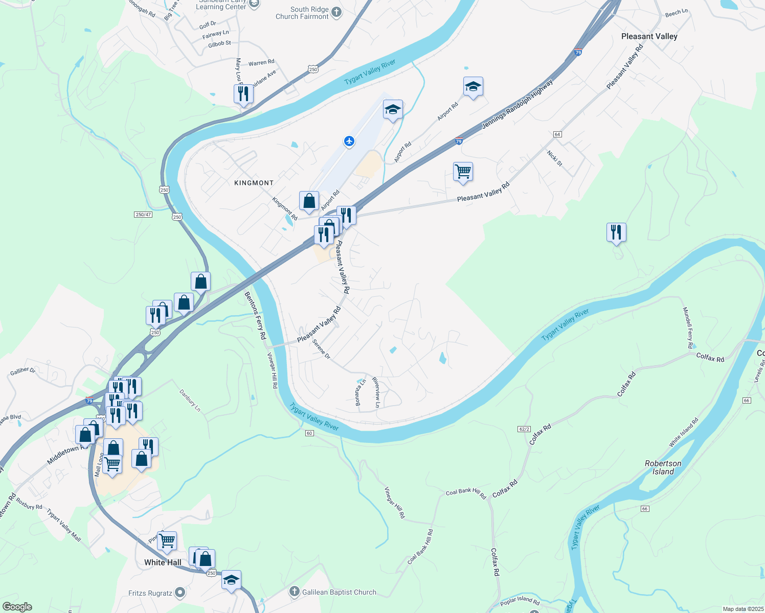map of restaurants, bars, coffee shops, grocery stores, and more near 2298 Myra Jean Ln in Pleasant Valley