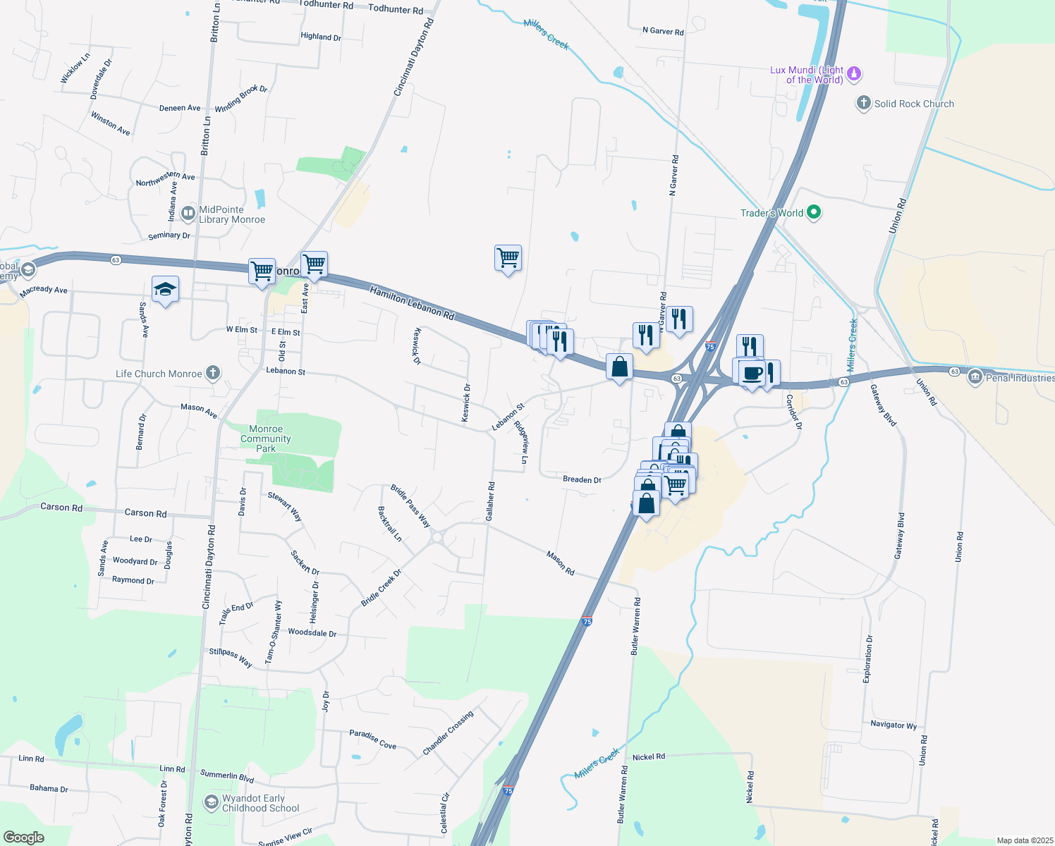 map of restaurants, bars, coffee shops, grocery stores, and more near 719 East Arielle Court in Monroe