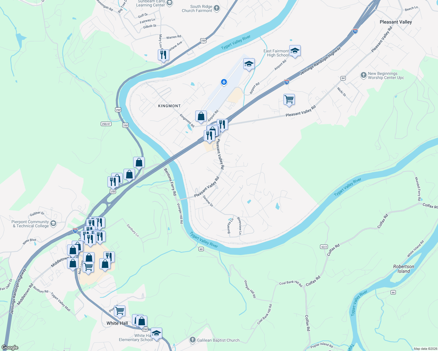map of restaurants, bars, coffee shops, grocery stores, and more near 2309 County Road 64 in Pleasant Valley