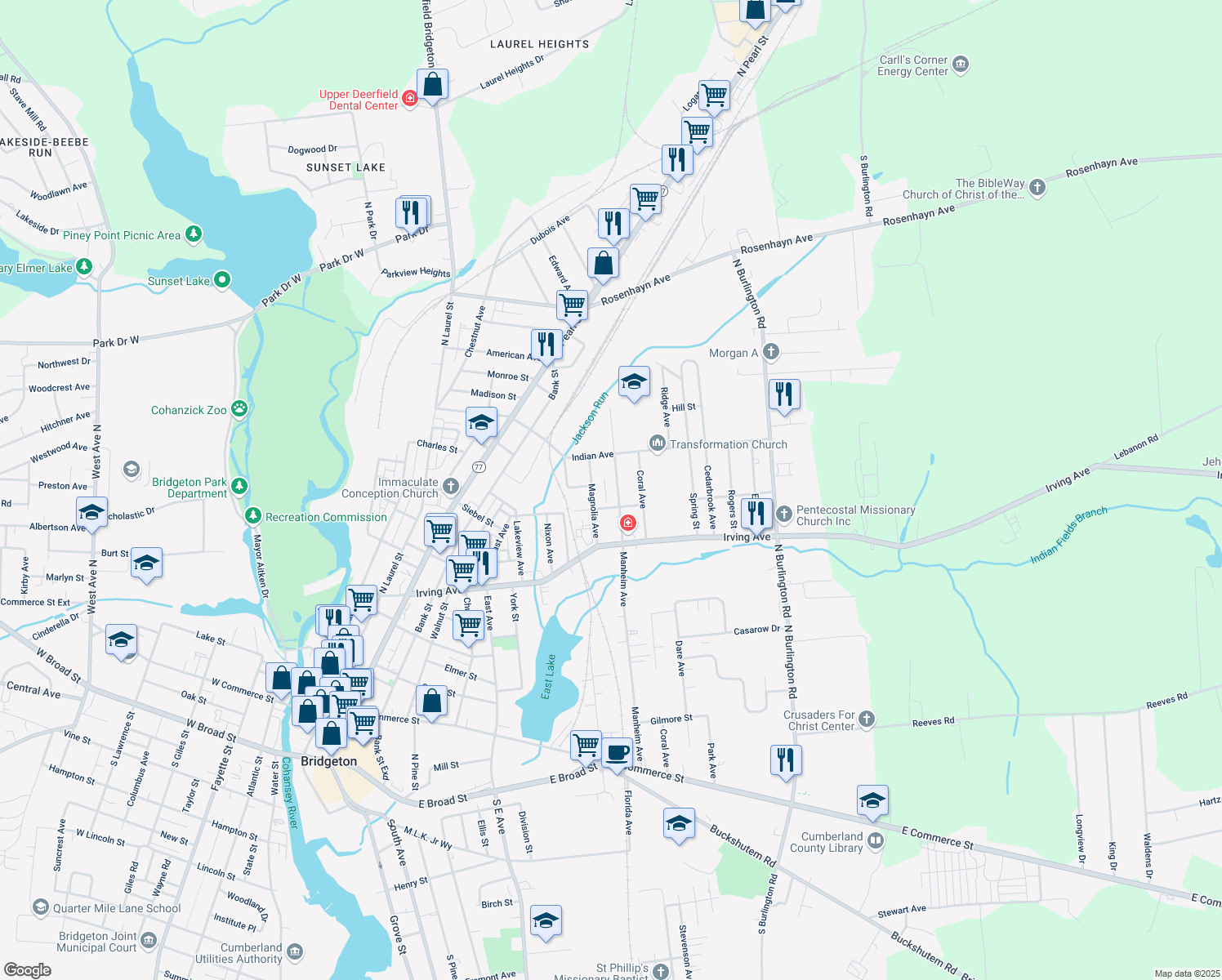 map of restaurants, bars, coffee shops, grocery stores, and more near 474 Manheim Avenue in Bridgeton