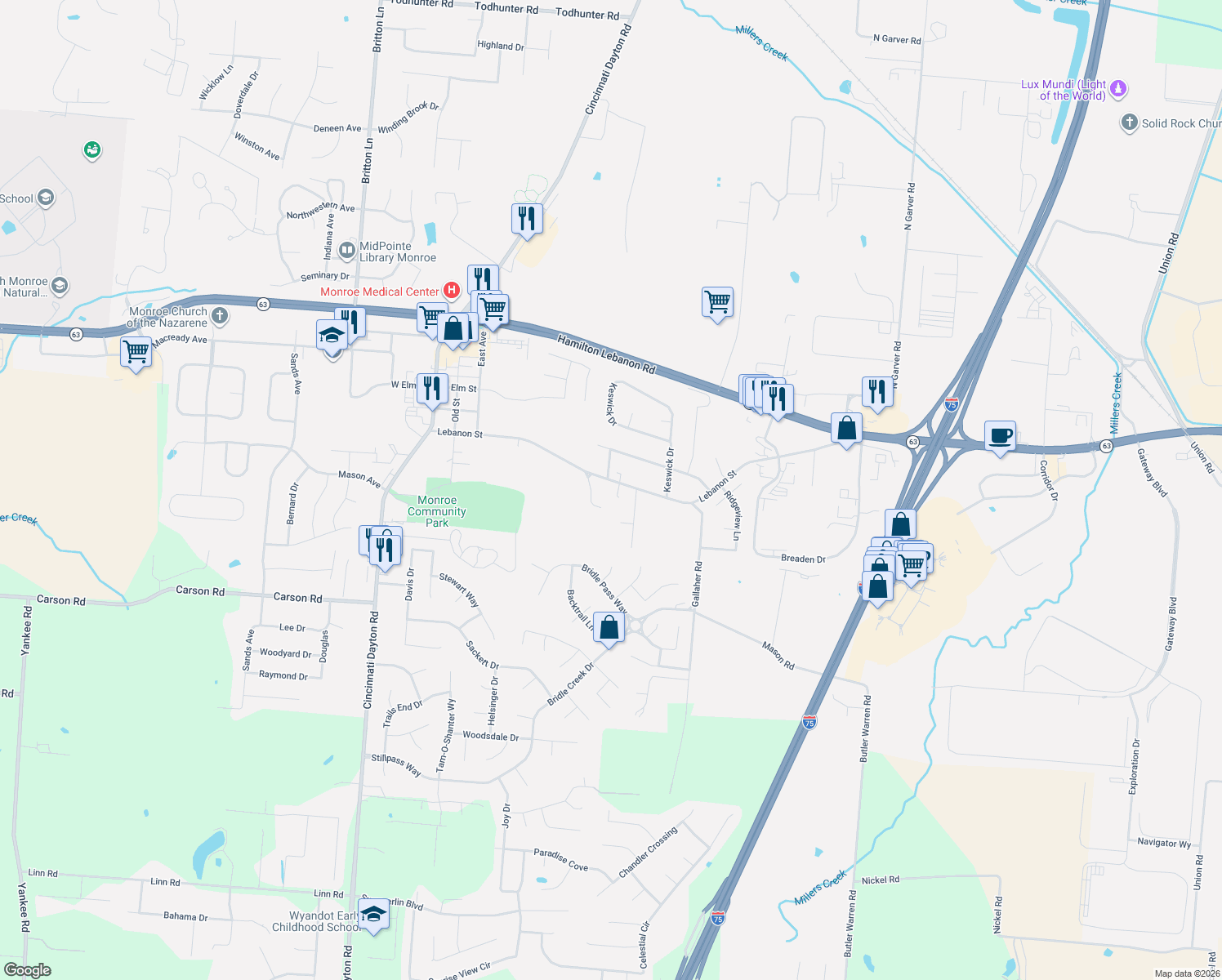 map of restaurants, bars, coffee shops, grocery stores, and more near 509 Lebanon Street in Monroe