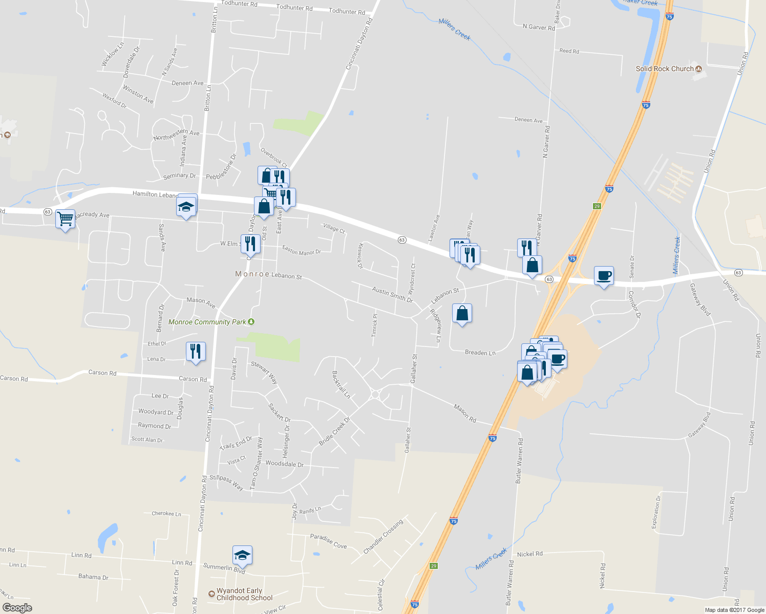 map of restaurants, bars, coffee shops, grocery stores, and more near 564 Lebanon Street in Monroe
