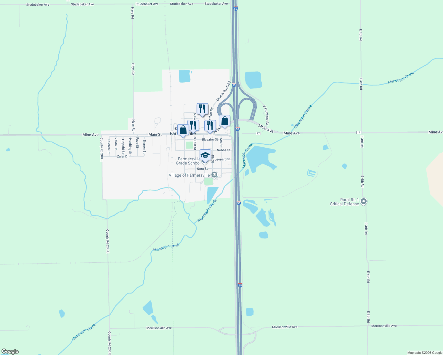 map of restaurants, bars, coffee shops, grocery stores, and more near 511 5th Street in Farmersville