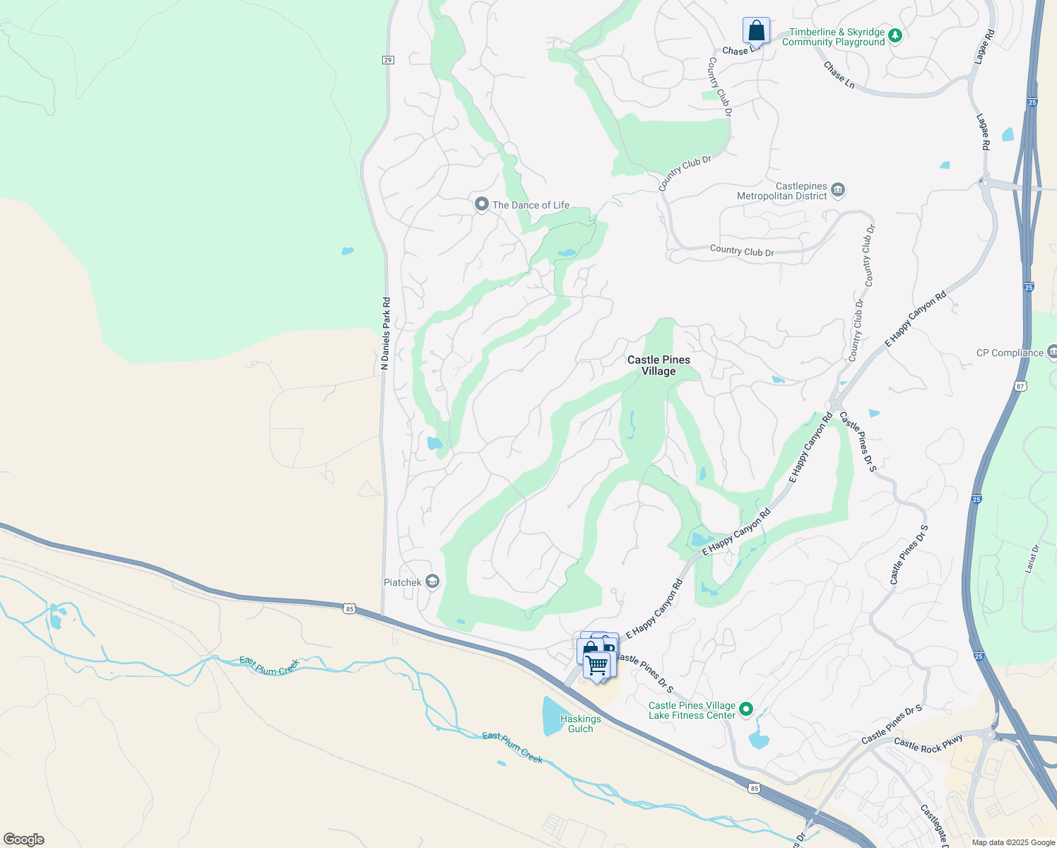 map of restaurants, bars, coffee shops, grocery stores, and more near Castle Pines Drive North in Castle Pines