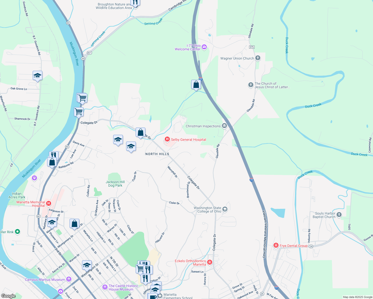 map of restaurants, bars, coffee shops, grocery stores, and more near 107 Wildwood Drive in Marietta