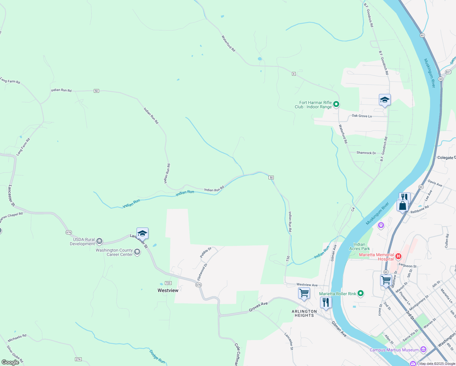 map of restaurants, bars, coffee shops, grocery stores, and more near Township Road 50 in Marietta