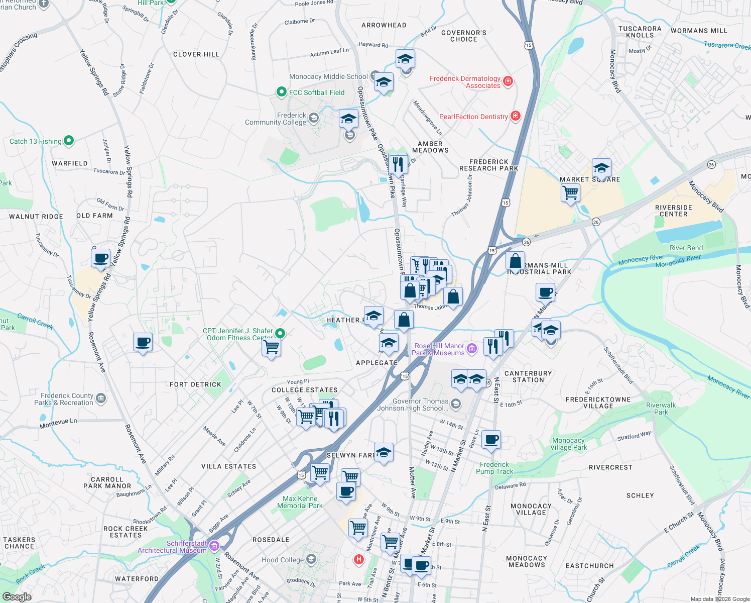 map of restaurants, bars, coffee shops, grocery stores, and more near 818 Heather Ridge Drive in Frederick