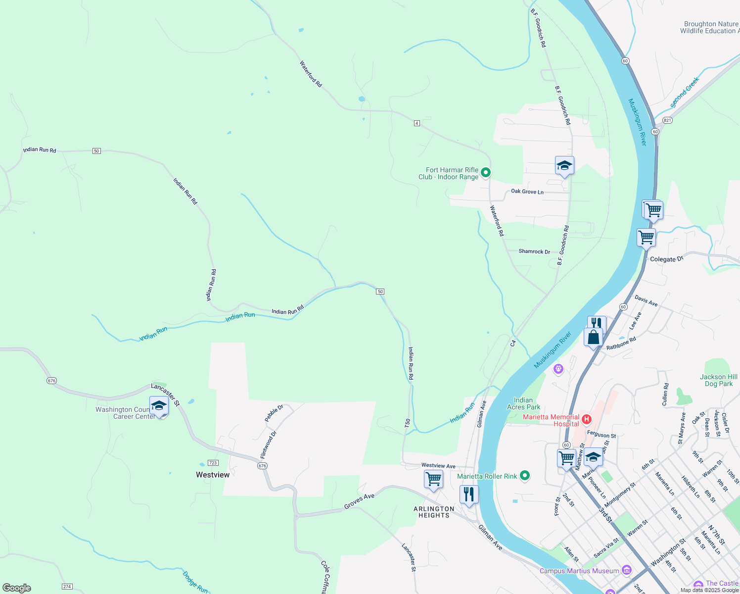 map of restaurants, bars, coffee shops, grocery stores, and more near 2450 Indian Run Road in Marietta