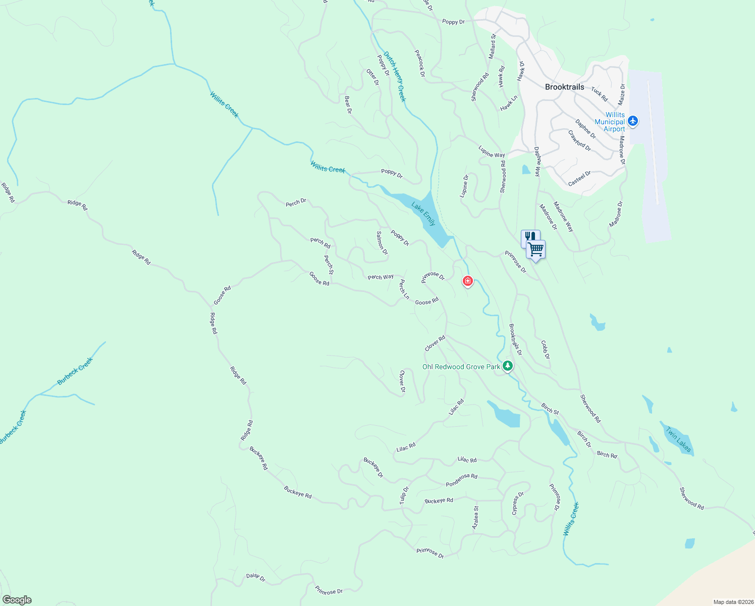 map of restaurants, bars, coffee shops, grocery stores, and more near 2079 Goose Road in Willits