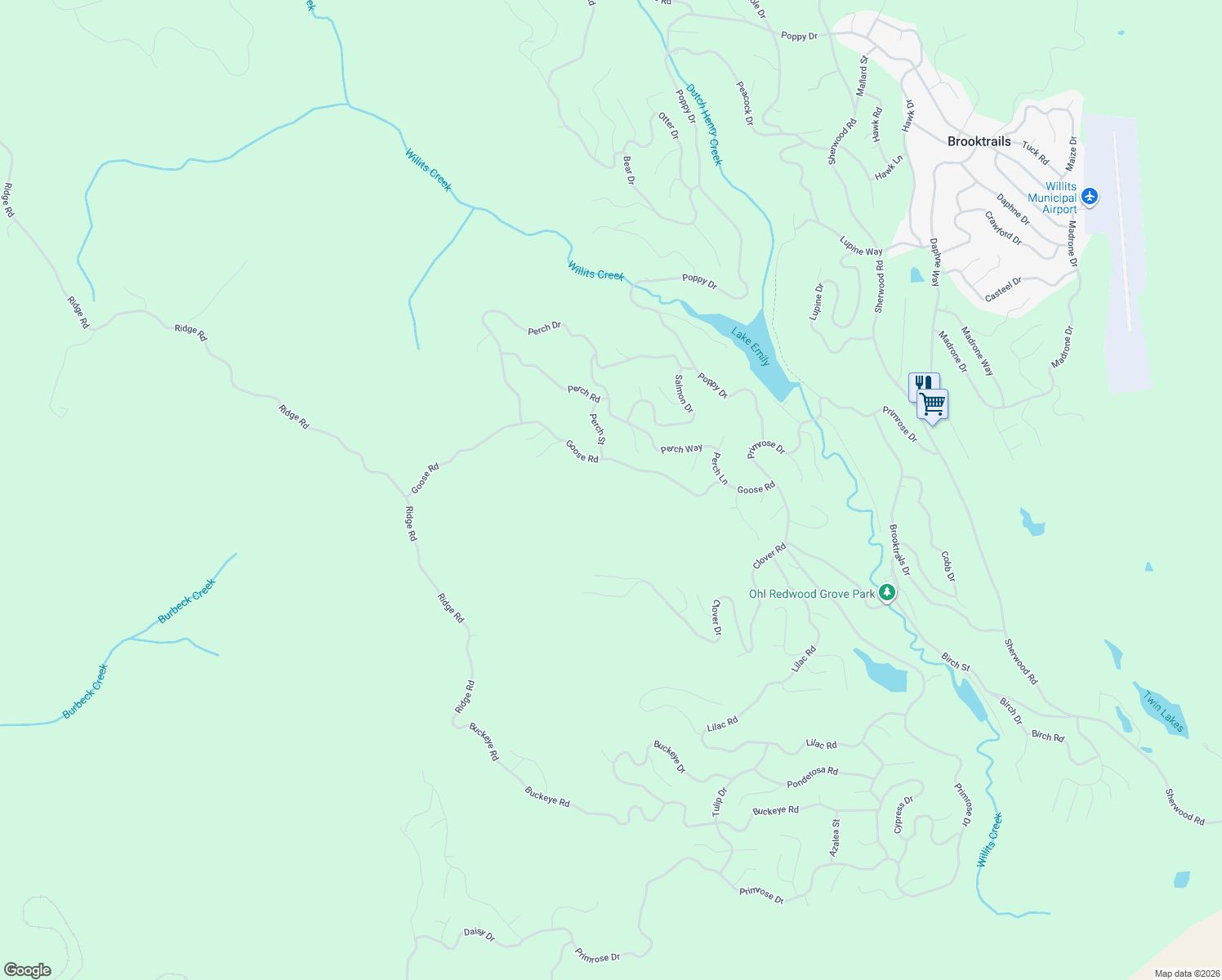 map of restaurants, bars, coffee shops, grocery stores, and more near 2301 Goose Road in Willits