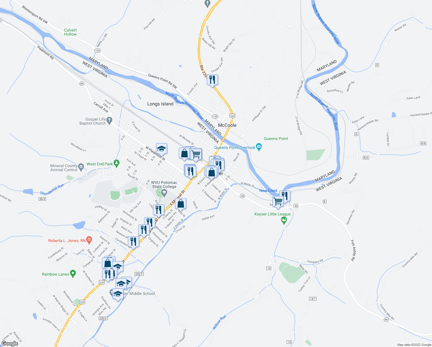 map of restaurants, bars, coffee shops, grocery stores, and more near in Keyser