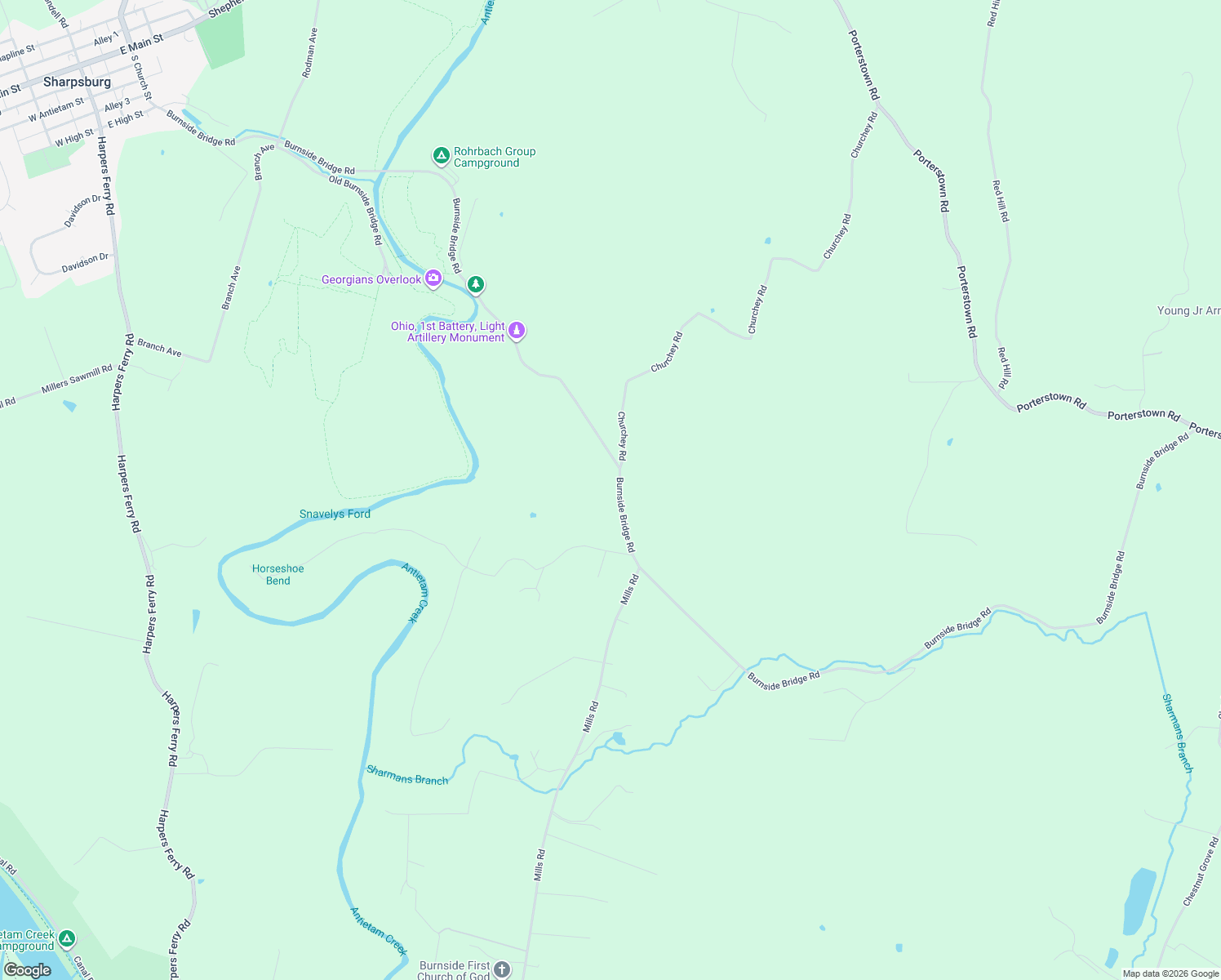 map of restaurants, bars, coffee shops, grocery stores, and more near 18617 Burnside Bridge Road in Sharpsburg