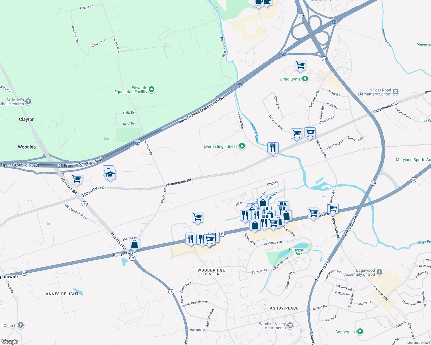 map of restaurants, bars, coffee shops, grocery stores, and more near 1600 Philadelphia Rd in Joppa