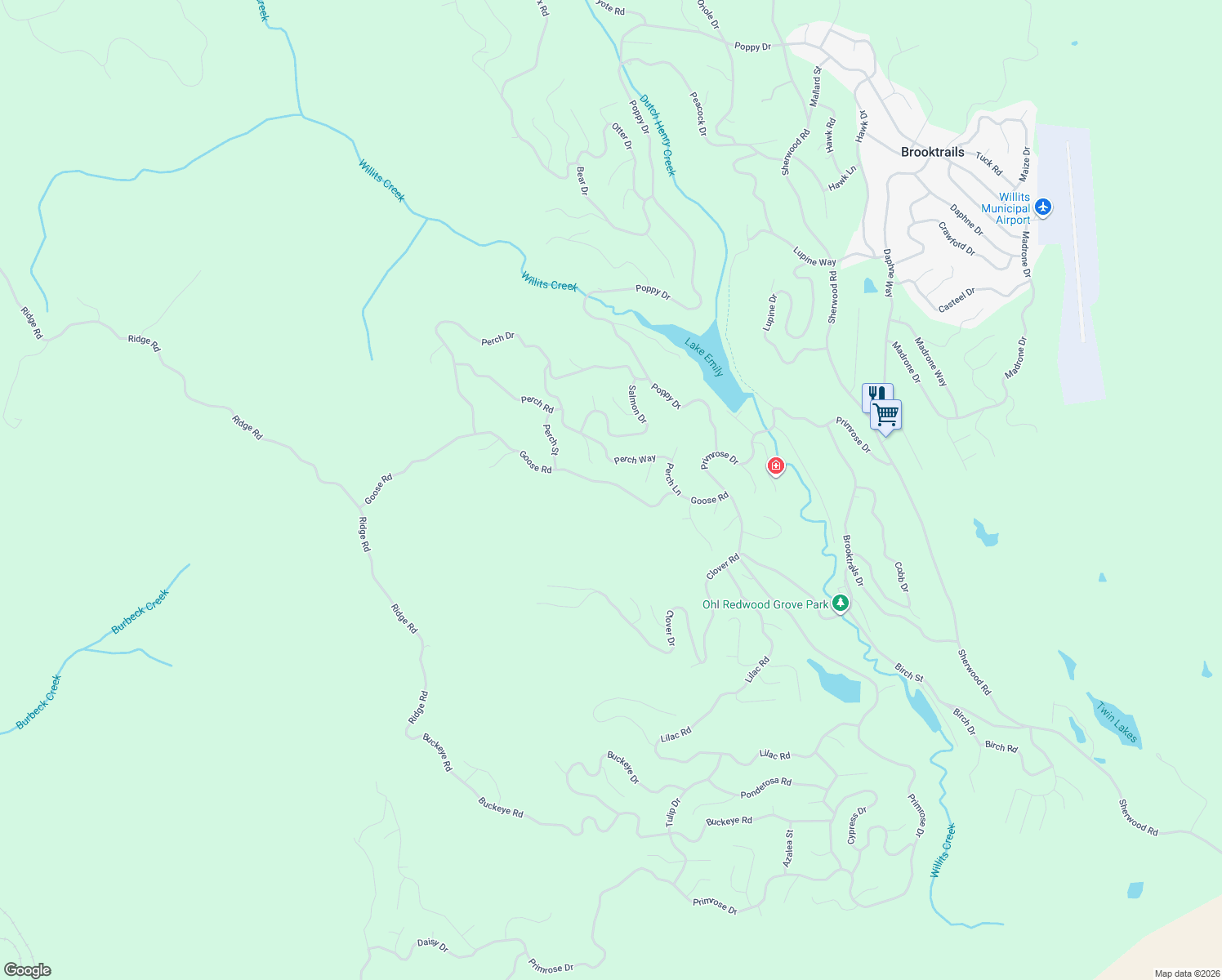 map of restaurants, bars, coffee shops, grocery stores, and more near 2079 Goose Road in Willits