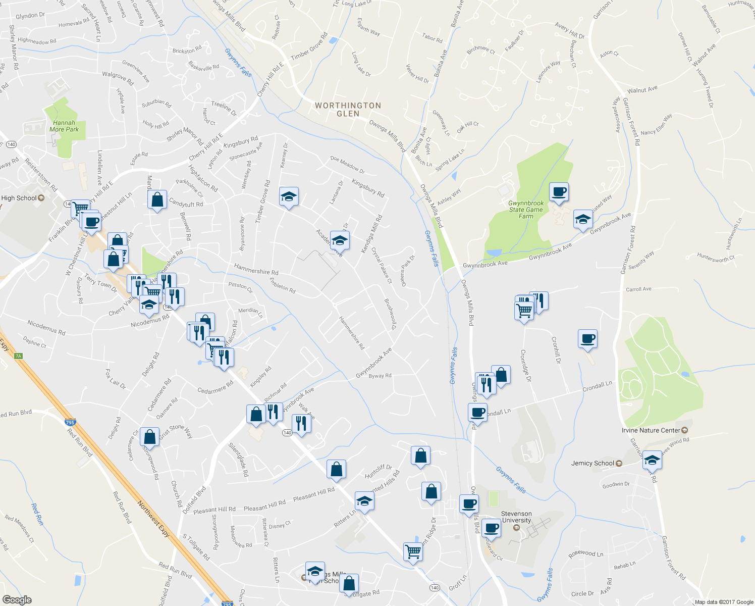map of restaurants, bars, coffee shops, grocery stores, and more near 900 Academy Avenue in Owings Mills