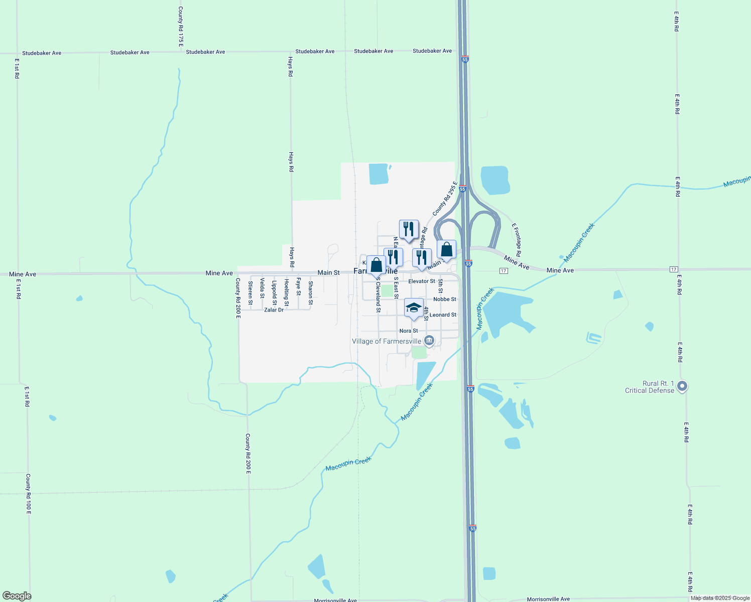 map of restaurants, bars, coffee shops, grocery stores, and more near 308 South Cleveland Street in Farmersville