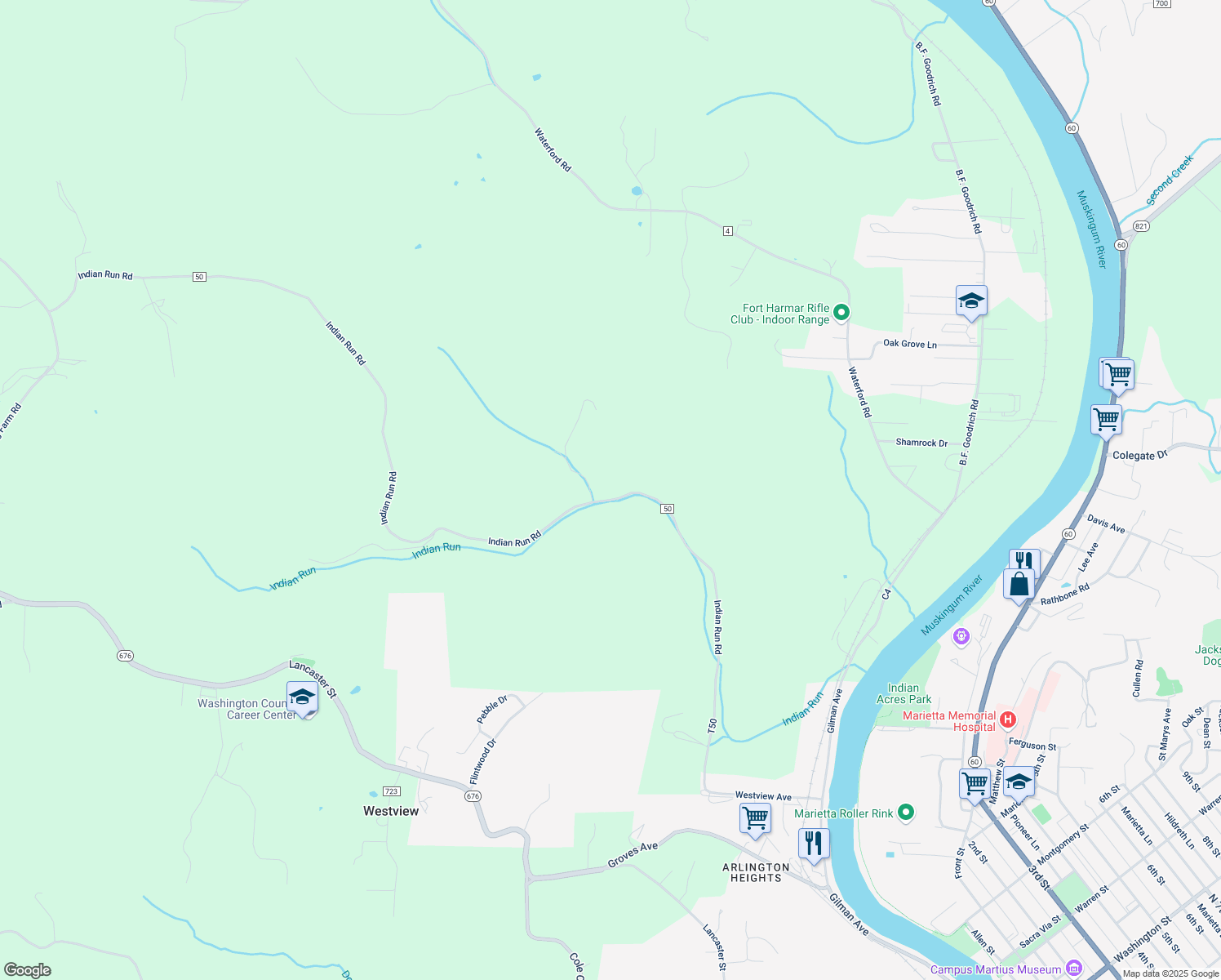 map of restaurants, bars, coffee shops, grocery stores, and more near 2450 Indian Run Road in Marietta