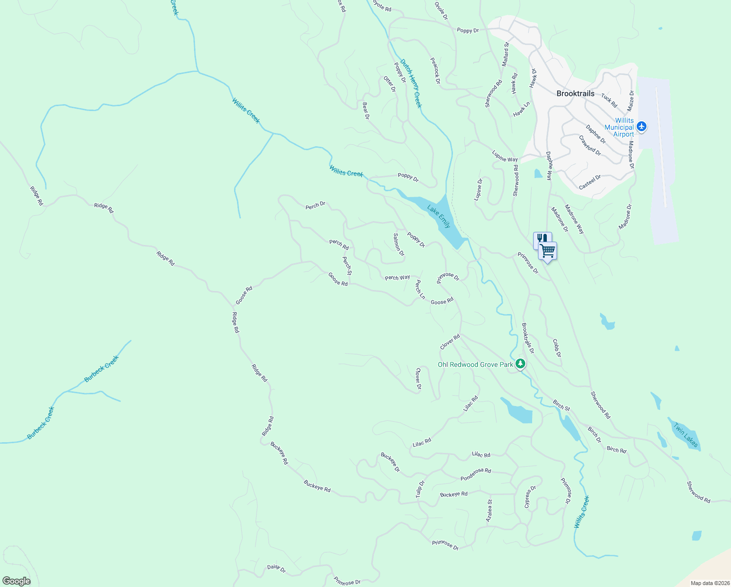 map of restaurants, bars, coffee shops, grocery stores, and more near 2301 Goose Road in Willits