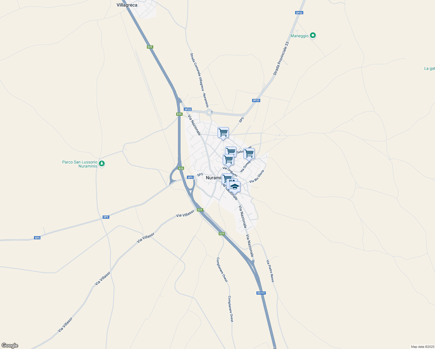 map of restaurants, bars, coffee shops, grocery stores, and more near 30 Via Umberto in Nuraminis