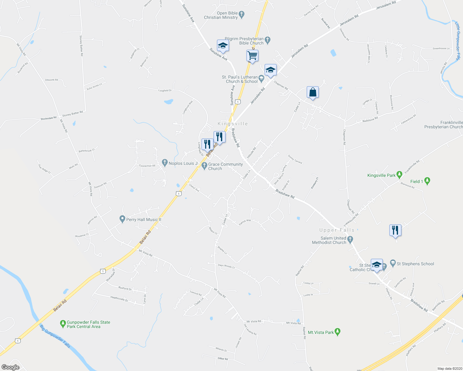map of restaurants, bars, coffee shops, grocery stores, and more near 11544 Cedar Lane in Kingsville