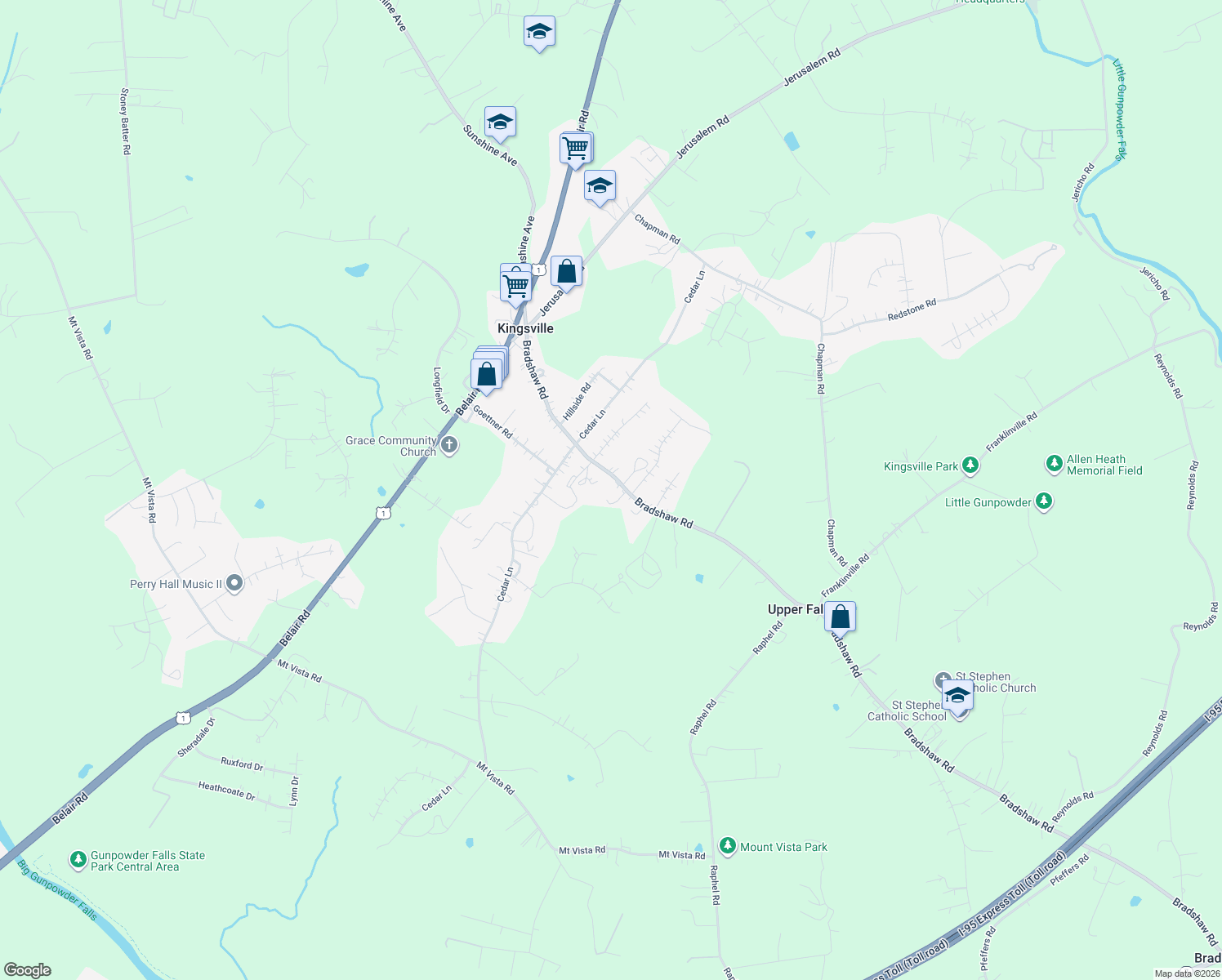 map of restaurants, bars, coffee shops, grocery stores, and more near 7525 Bradshaw Road in Kingsville