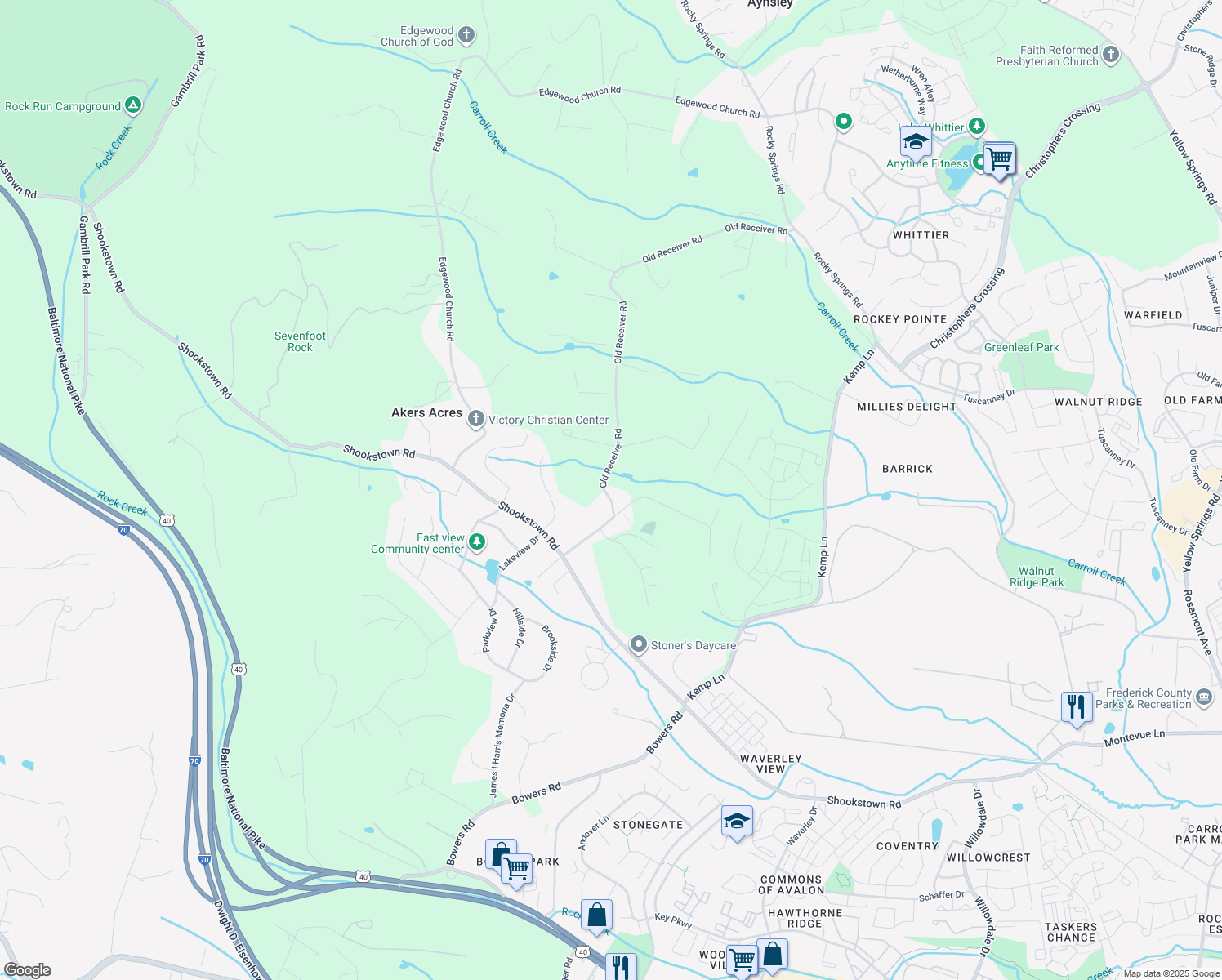 map of restaurants, bars, coffee shops, grocery stores, and more near 7617 Old Receiver Road in Frederick
