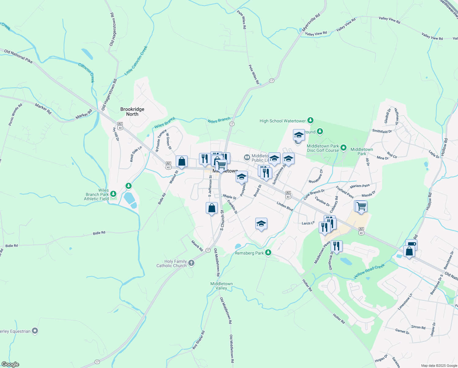 map of restaurants, bars, coffee shops, grocery stores, and more near 24 W Main St in Middletown