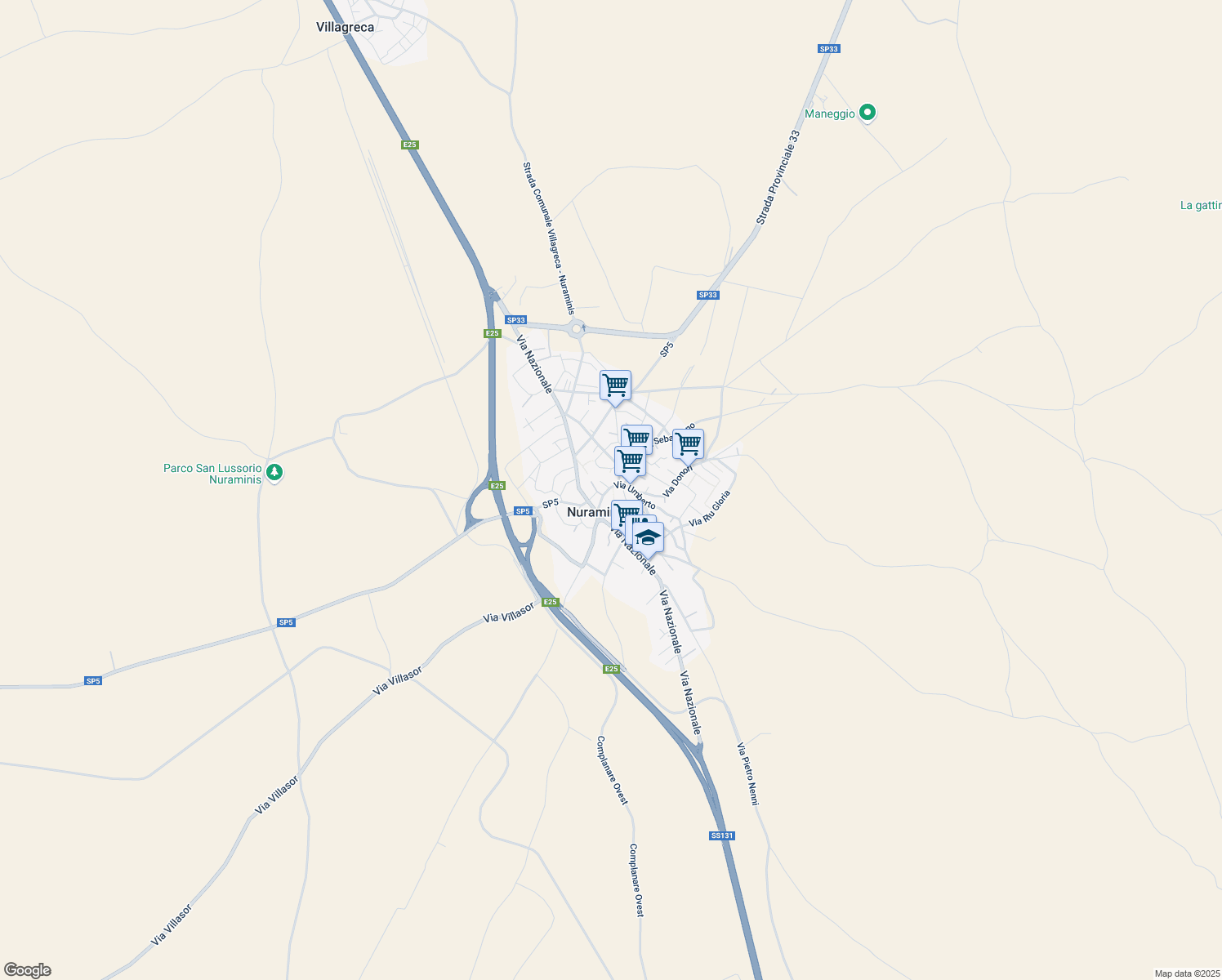 map of restaurants, bars, coffee shops, grocery stores, and more near 30 Via Umberto in Nuraminis