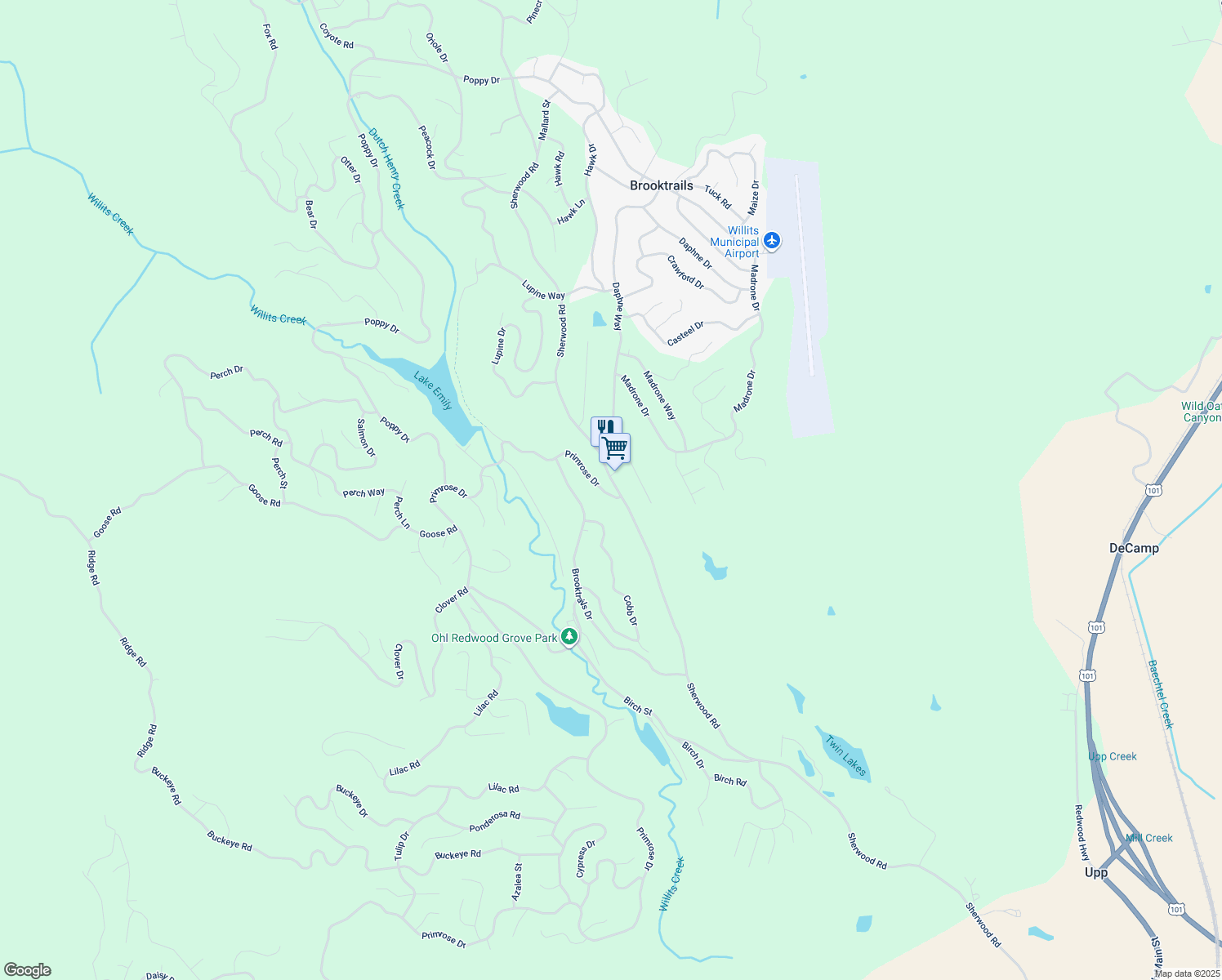 map of restaurants, bars, coffee shops, grocery stores, and more near 1612 Primrose Drive in Willits