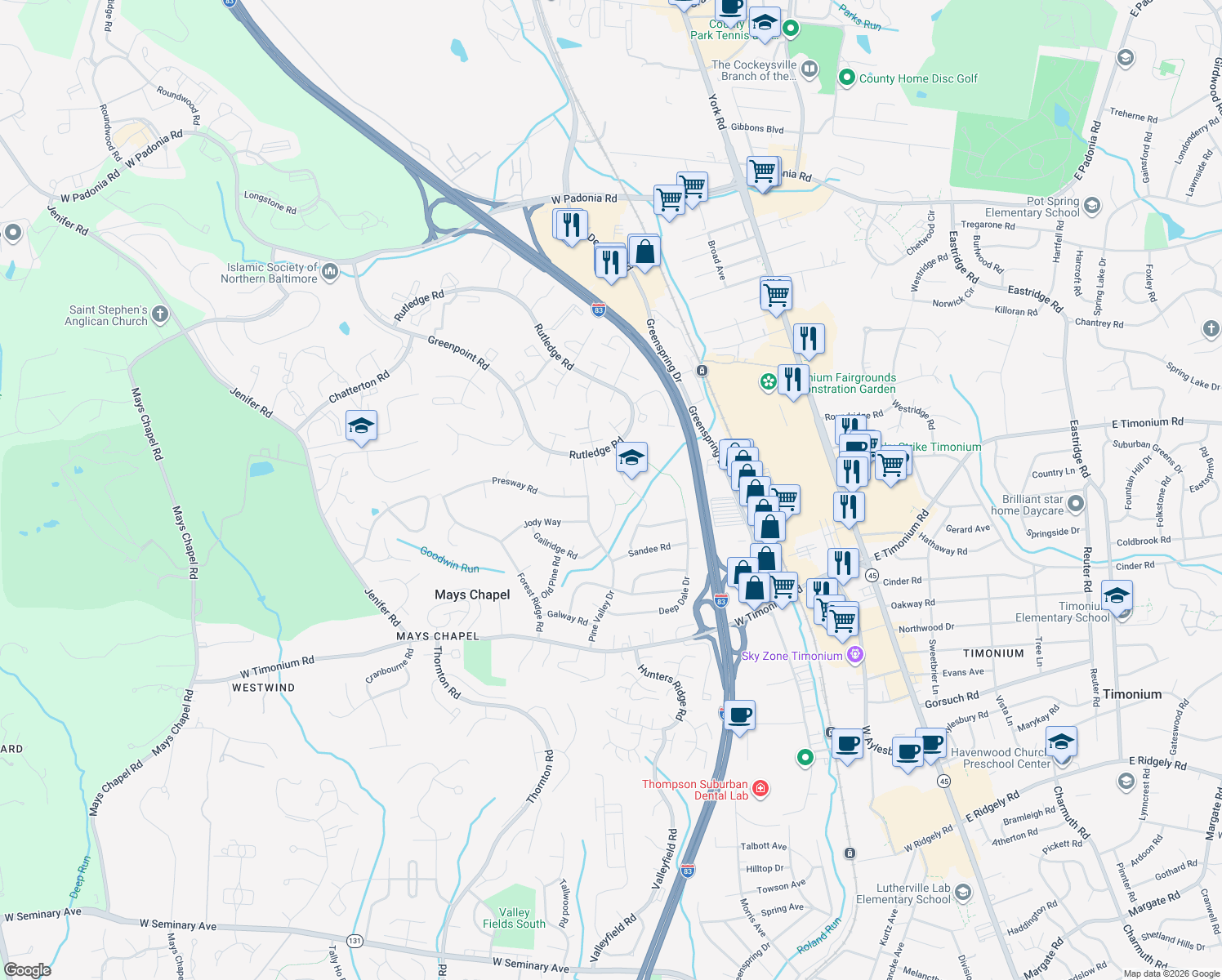 map of restaurants, bars, coffee shops, grocery stores, and more near 2121 Woodfork Road in Lutherville-Timonium