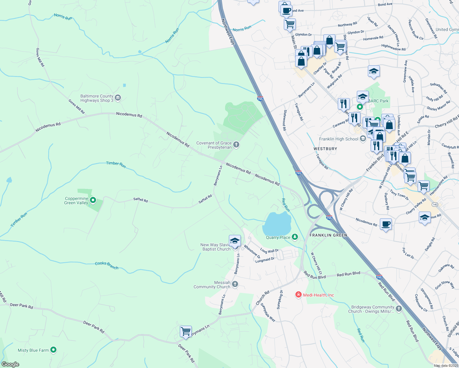 map of restaurants, bars, coffee shops, grocery stores, and more near 815 Nicodemus Road in Reisterstown