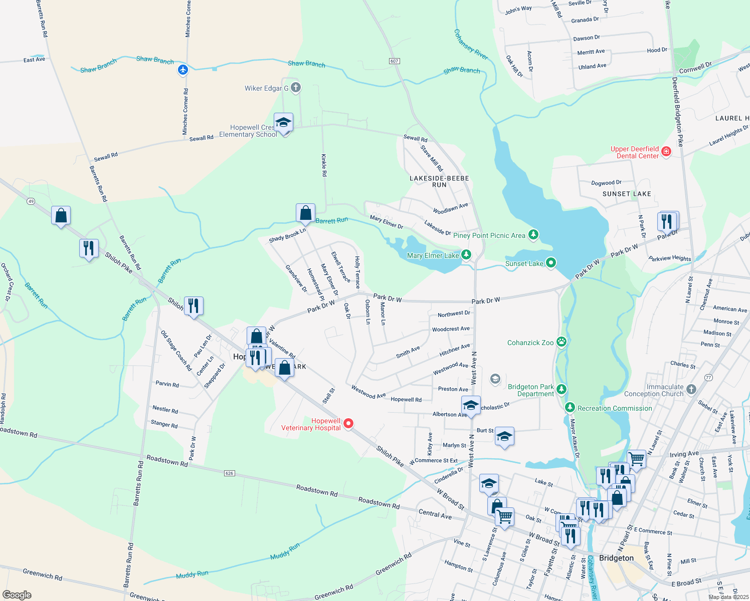 map of restaurants, bars, coffee shops, grocery stores, and more near 170 W Park Dr in Bridgeton