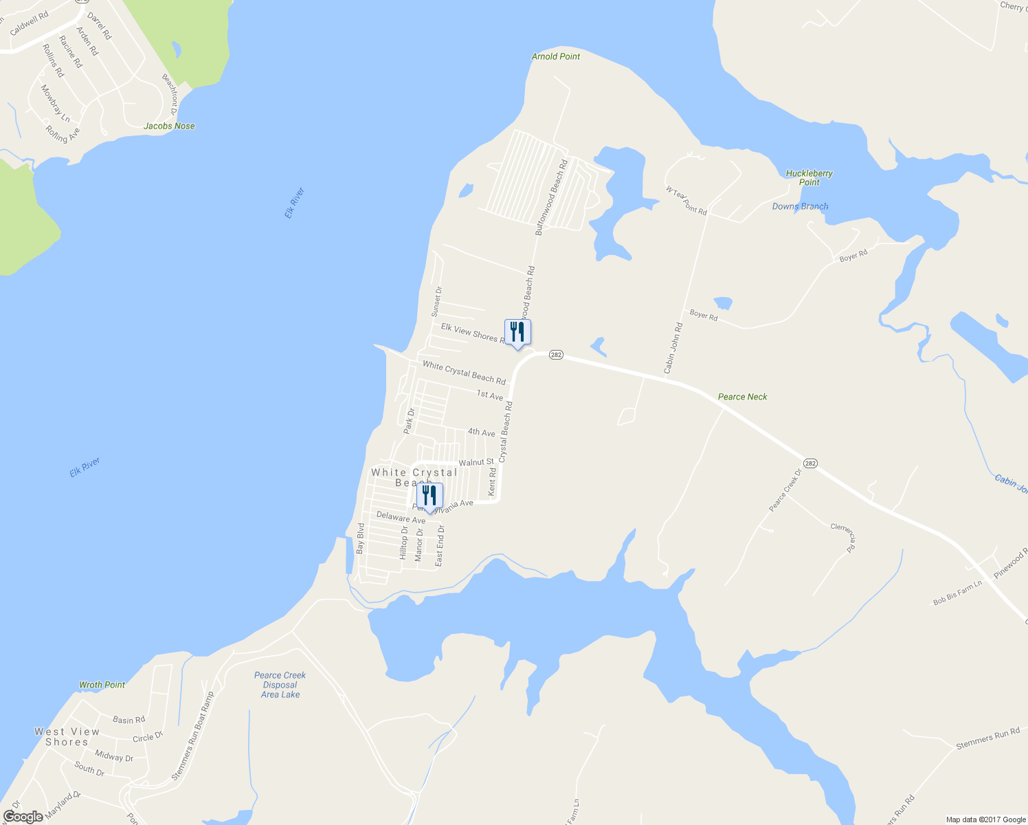 map of restaurants, bars, coffee shops, grocery stores, and more near 2926 Crystal Beach Road in Earleville
