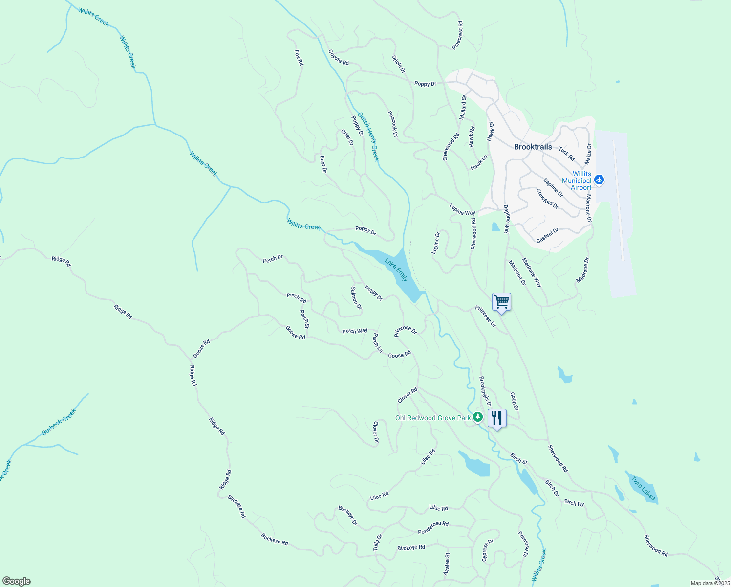 map of restaurants, bars, coffee shops, grocery stores, and more near 25516 Poppy Drive in Willits