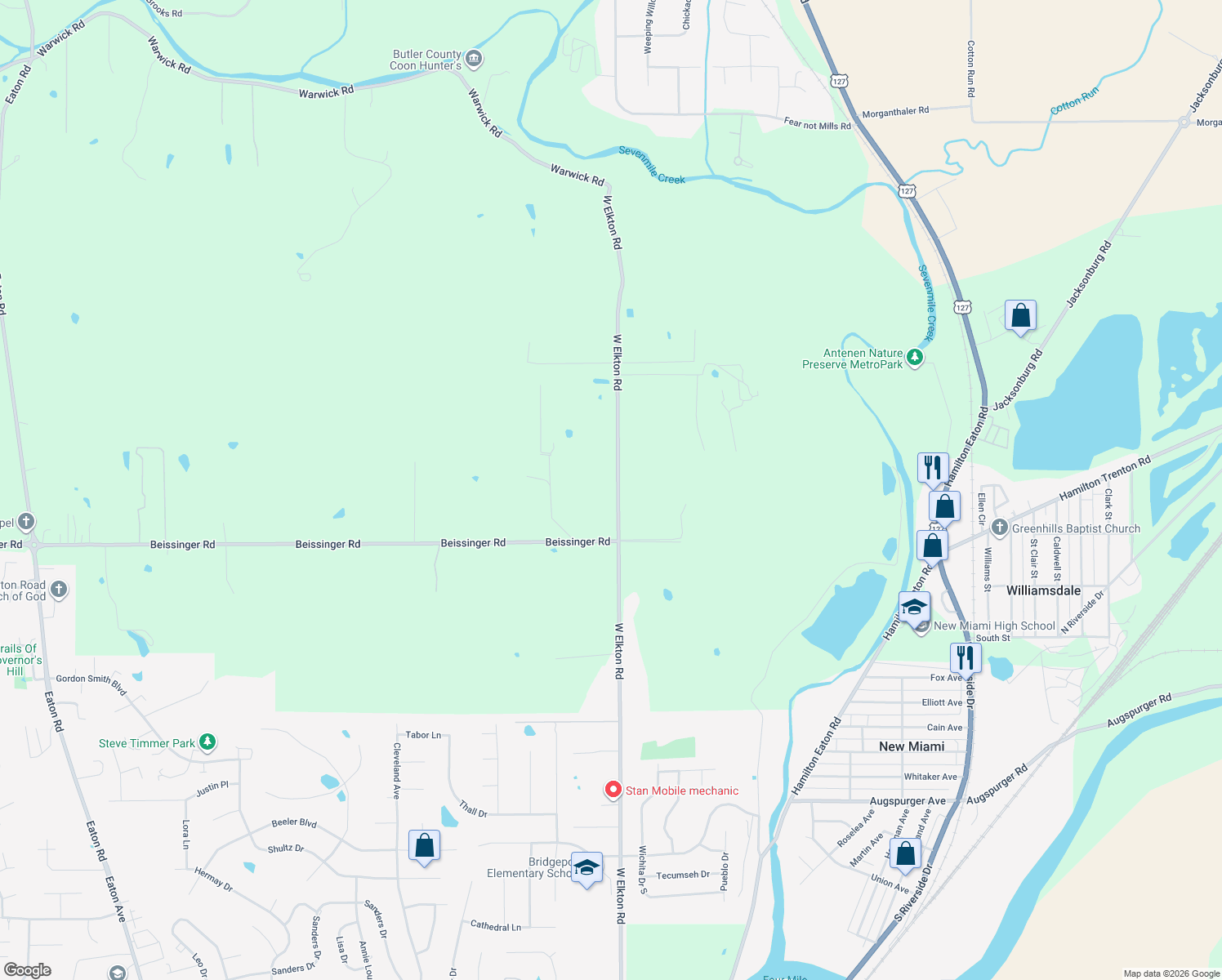 map of restaurants, bars, coffee shops, grocery stores, and more near 2203 West Elkton Road in Hamilton