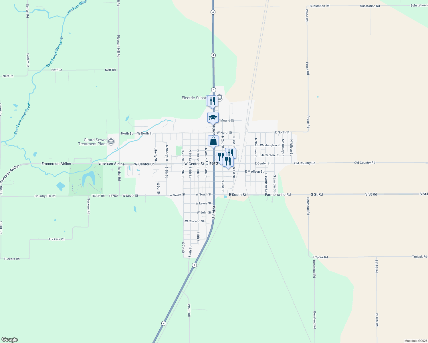 map of restaurants, bars, coffee shops, grocery stores, and more near 298 West Madison Street in Girard