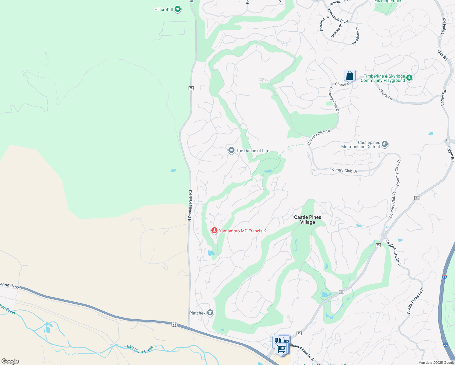 map of restaurants, bars, coffee shops, grocery stores, and more near 225 Hidden Valley Lane in Castle Rock