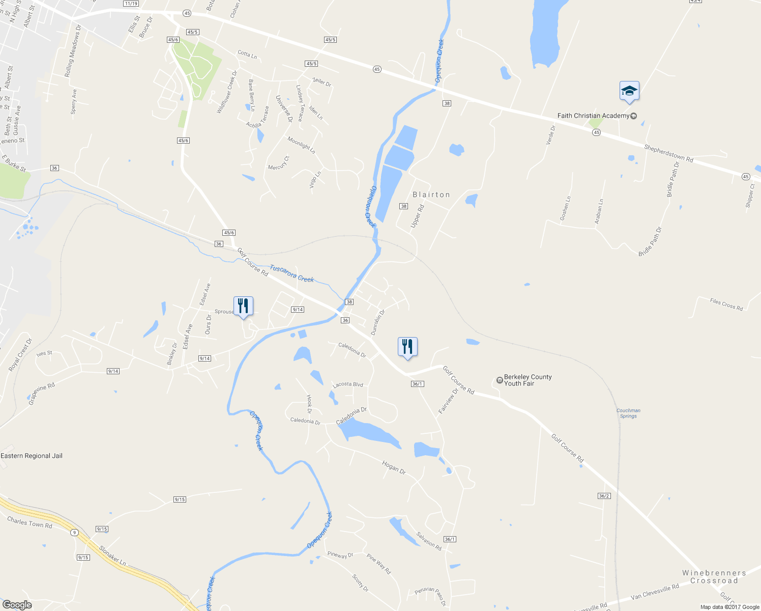 map of restaurants, bars, coffee shops, grocery stores, and more near 12 Lopez Drive in Martinsburg
