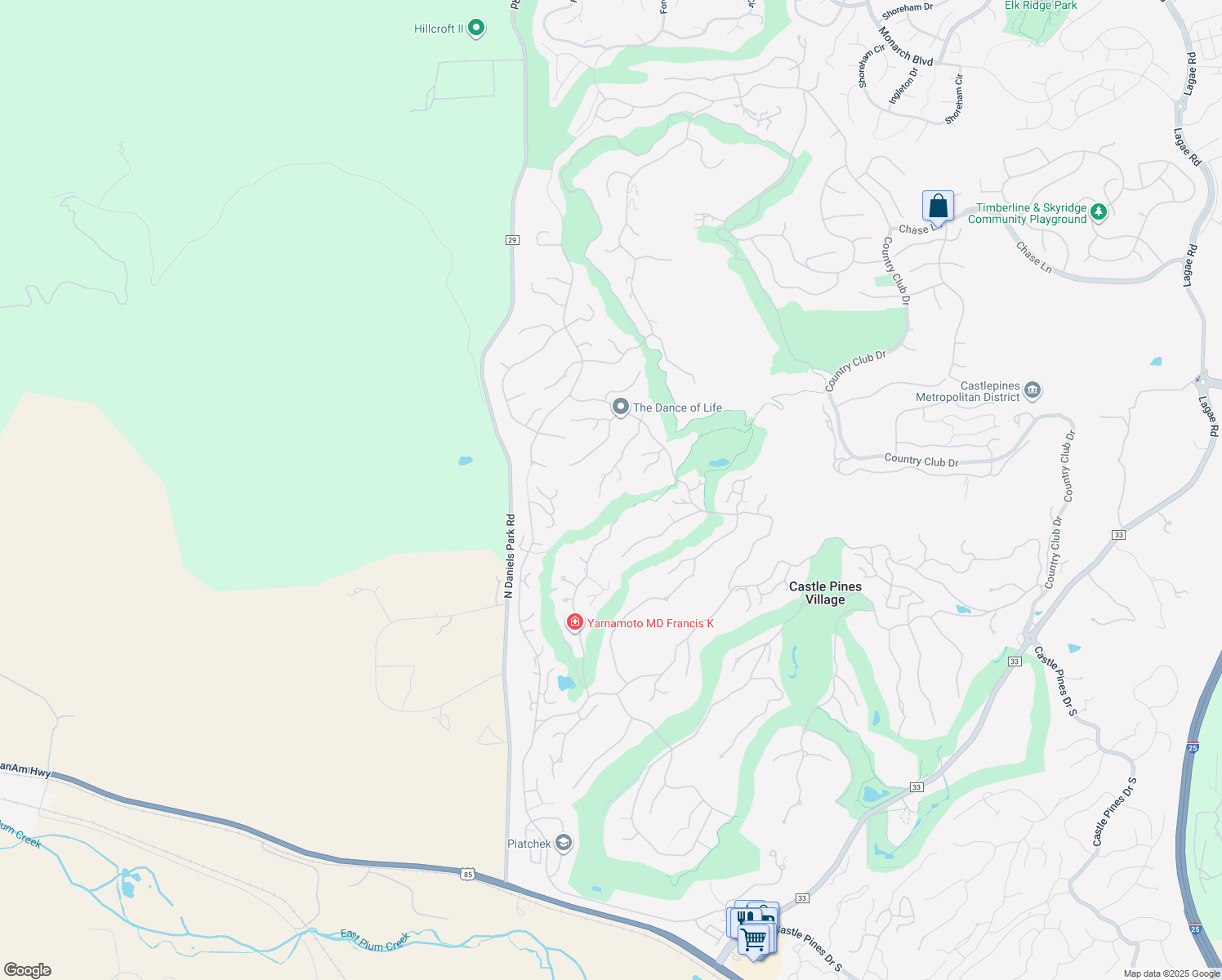 map of restaurants, bars, coffee shops, grocery stores, and more near 225 Hidden Valley Lane in Castle Rock
