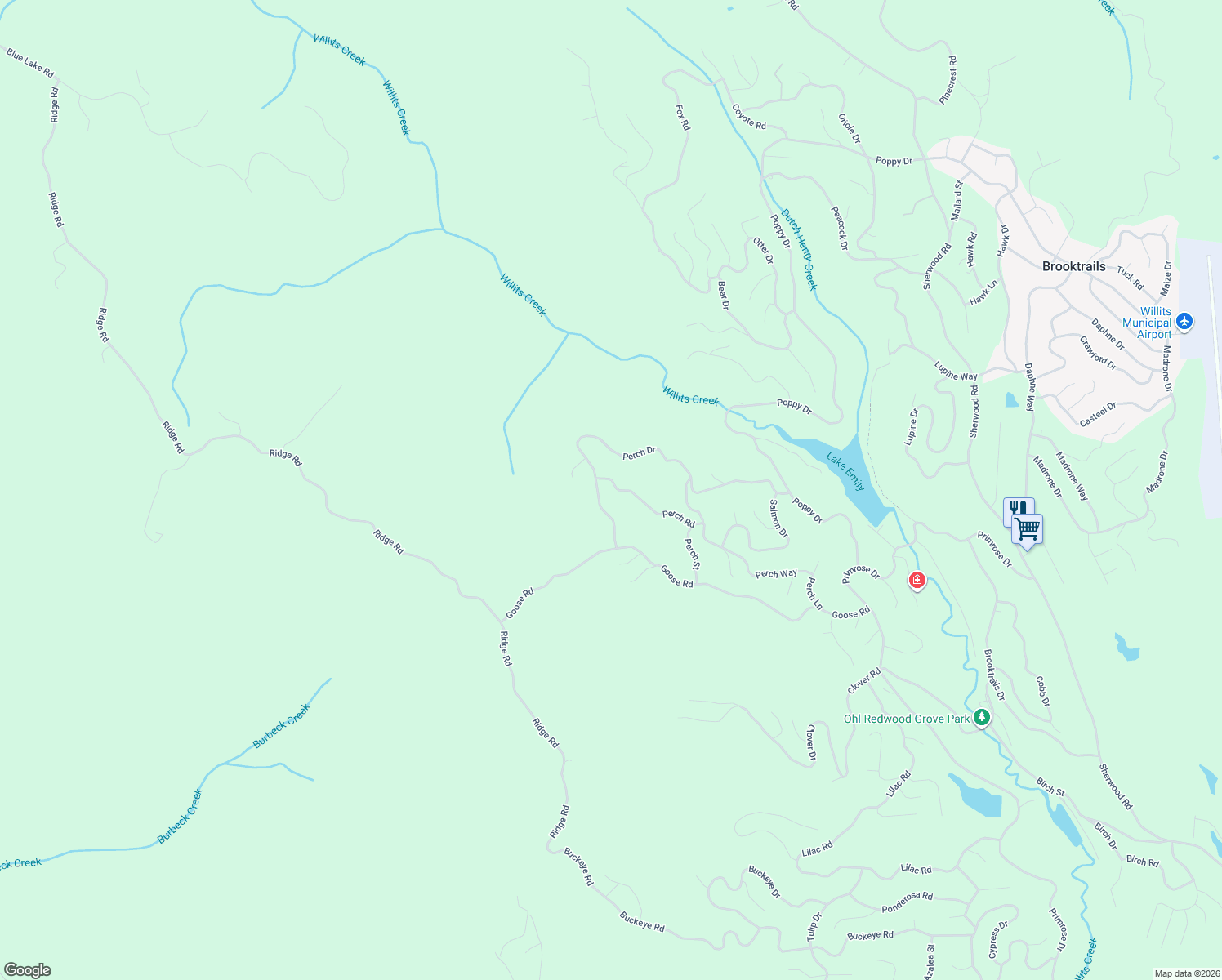 map of restaurants, bars, coffee shops, grocery stores, and more near 1880 Perch Road in Willits