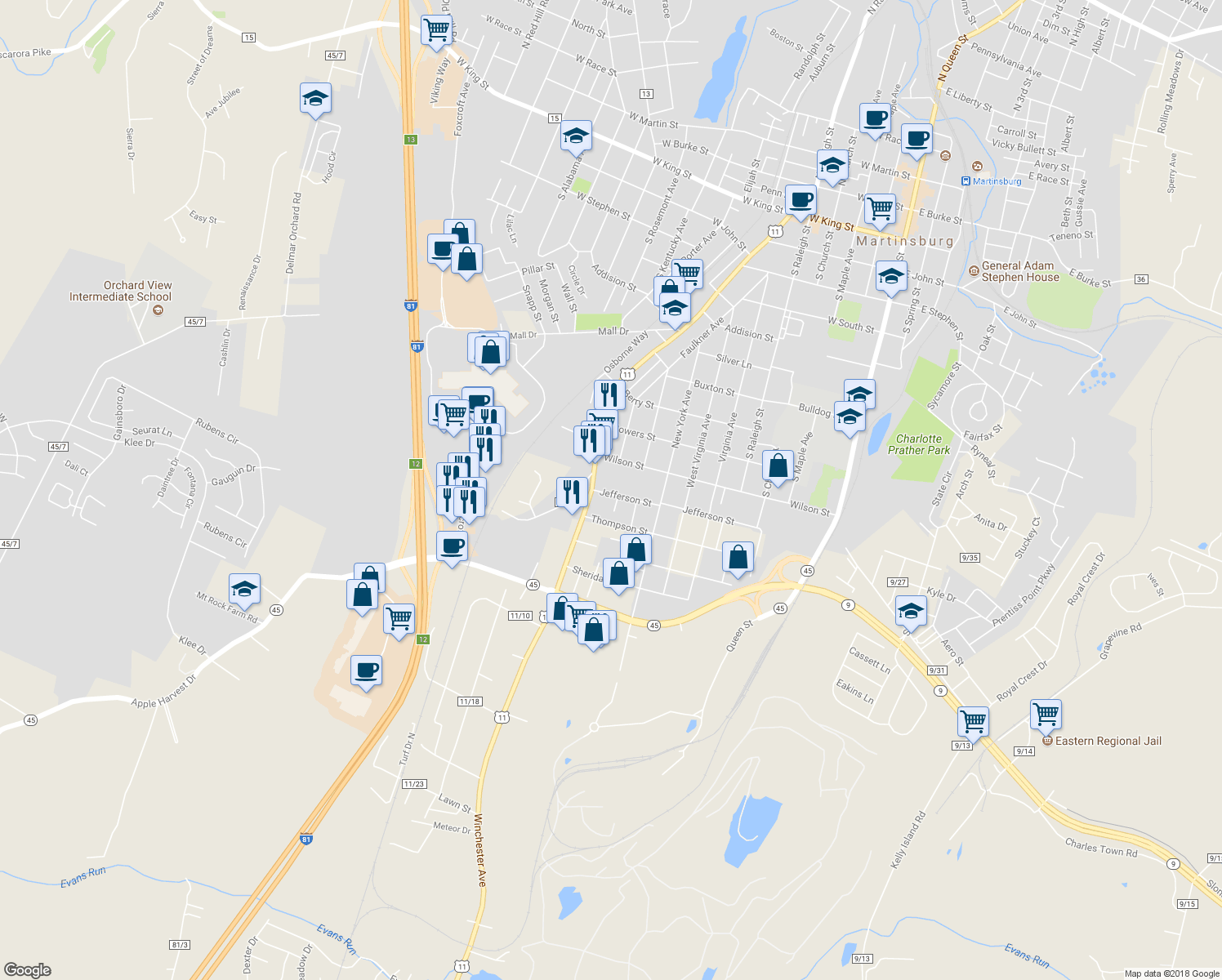 map of restaurants, bars, coffee shops, grocery stores, and more near 230 Jefferson Street in Martinsburg