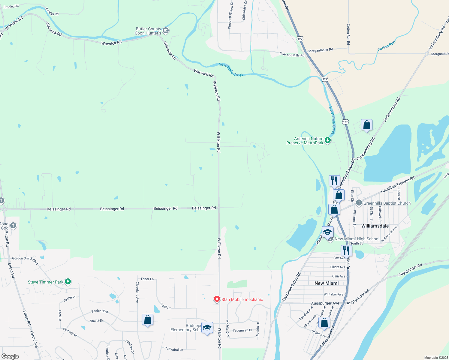 map of restaurants, bars, coffee shops, grocery stores, and more near 2203 West Elkton Road in Hamilton